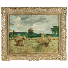 Vintage Jonas Lucien Oil on Pannel Haystacks under the Thunderstorm, circa 1946