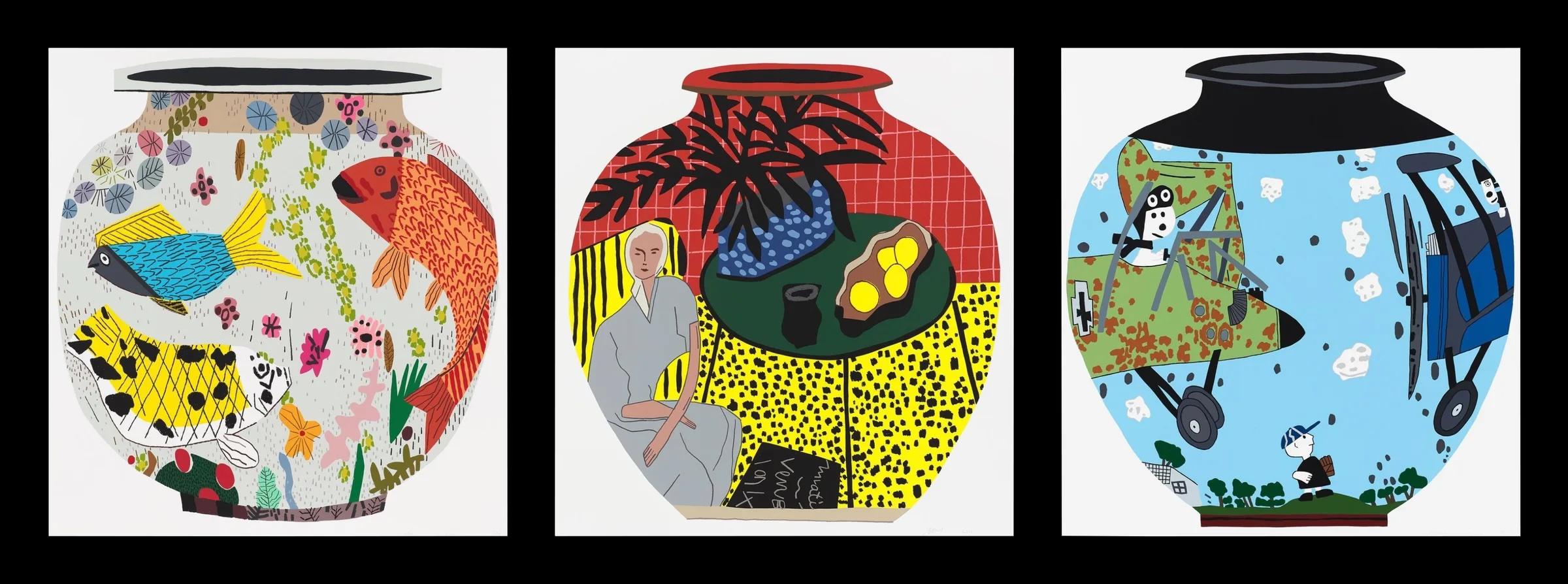 Jonas Wood Figurative Print - Fish Pot; Matisse Pot 4; Snoopy Pot