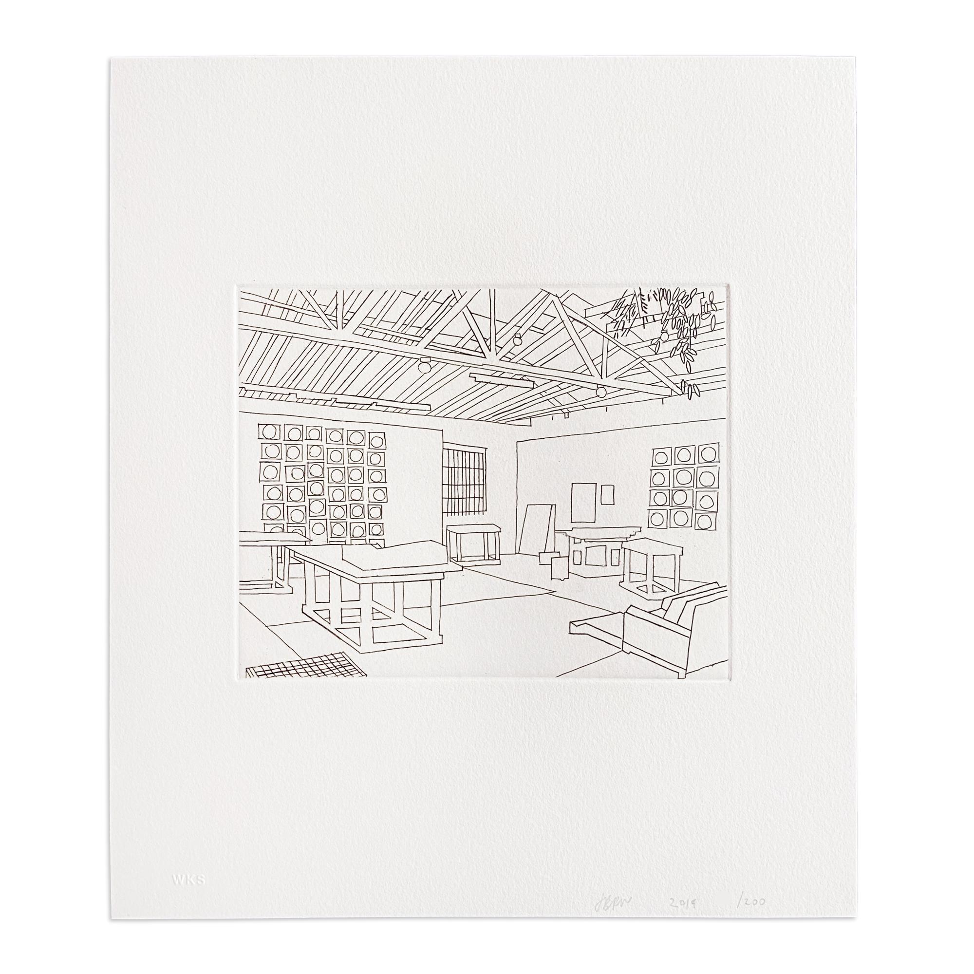 Jonas Wood, Bball Studio from 2019 depicts the studio that Wood rented from Ed Ruscha from 2007-2017. This limited edition encompasses an etching in a cardboard case, a hardback edition of his monograph, Jonas Wood, and a silk-screen limited edition