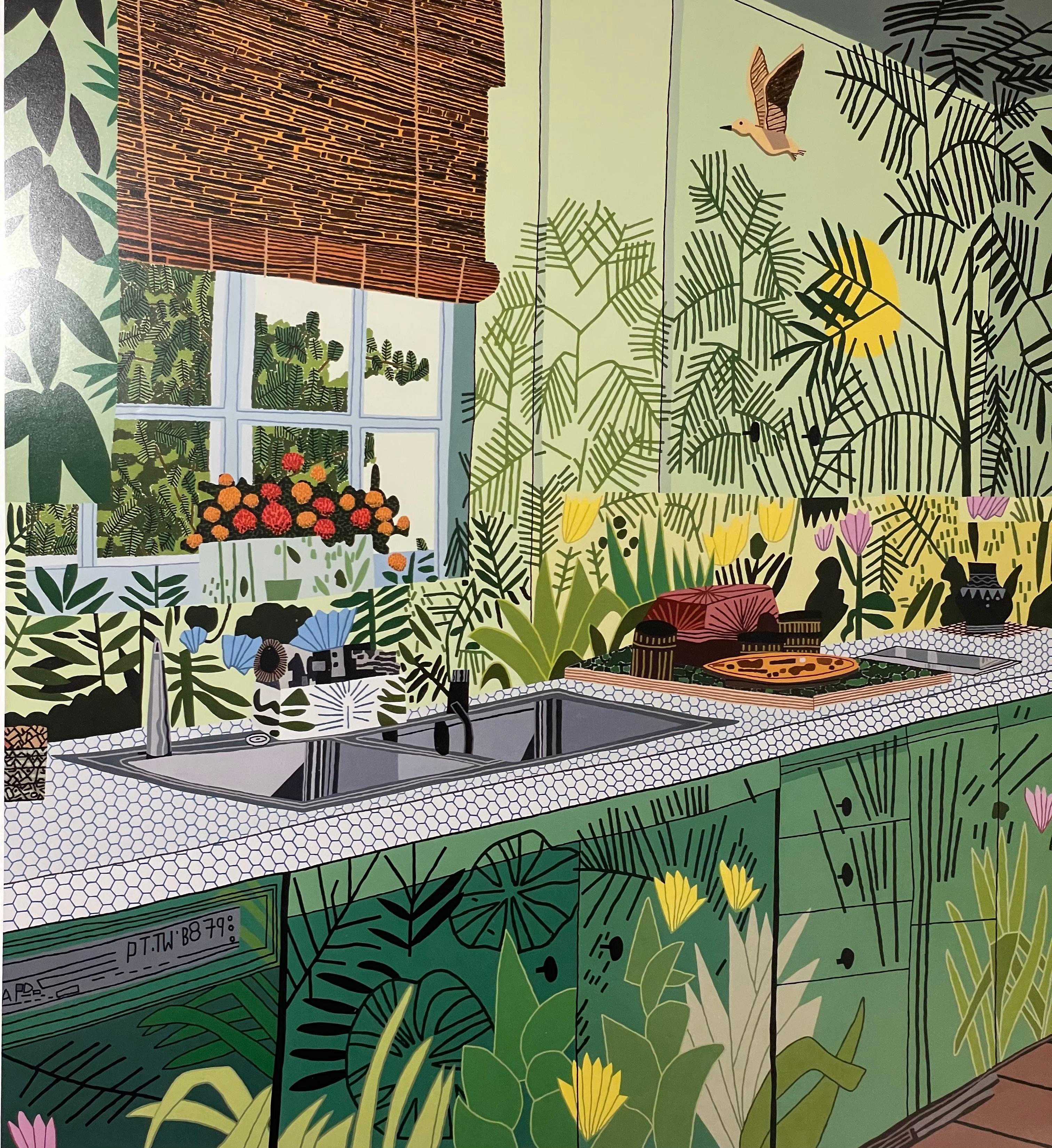 Nach Jonas Wood Jungle Küche, Ausstellungsplakat, Interieurs und Landschaften, Kordansky  im Angebot 1