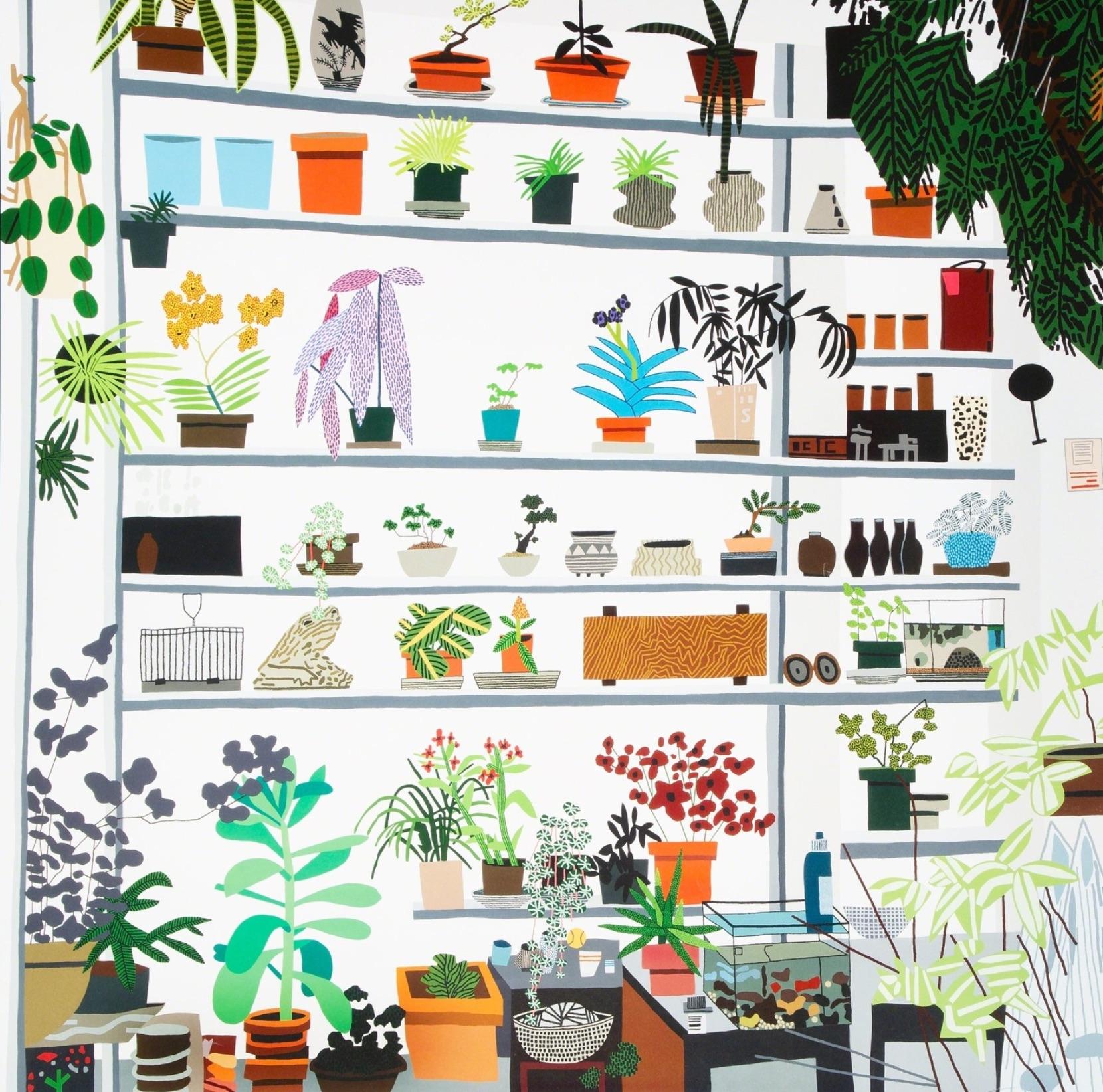 Jonas Wood
Large Shelf Still Life, 2017
Offset lithograph in colors on smooth wove paper
23 × 23 in  58.42 × 58.42 cm

Basketballs, ceramics, and lush plants fill Jonas Wood’s paintings, drawings, and prints, which mostly comprise intricate still