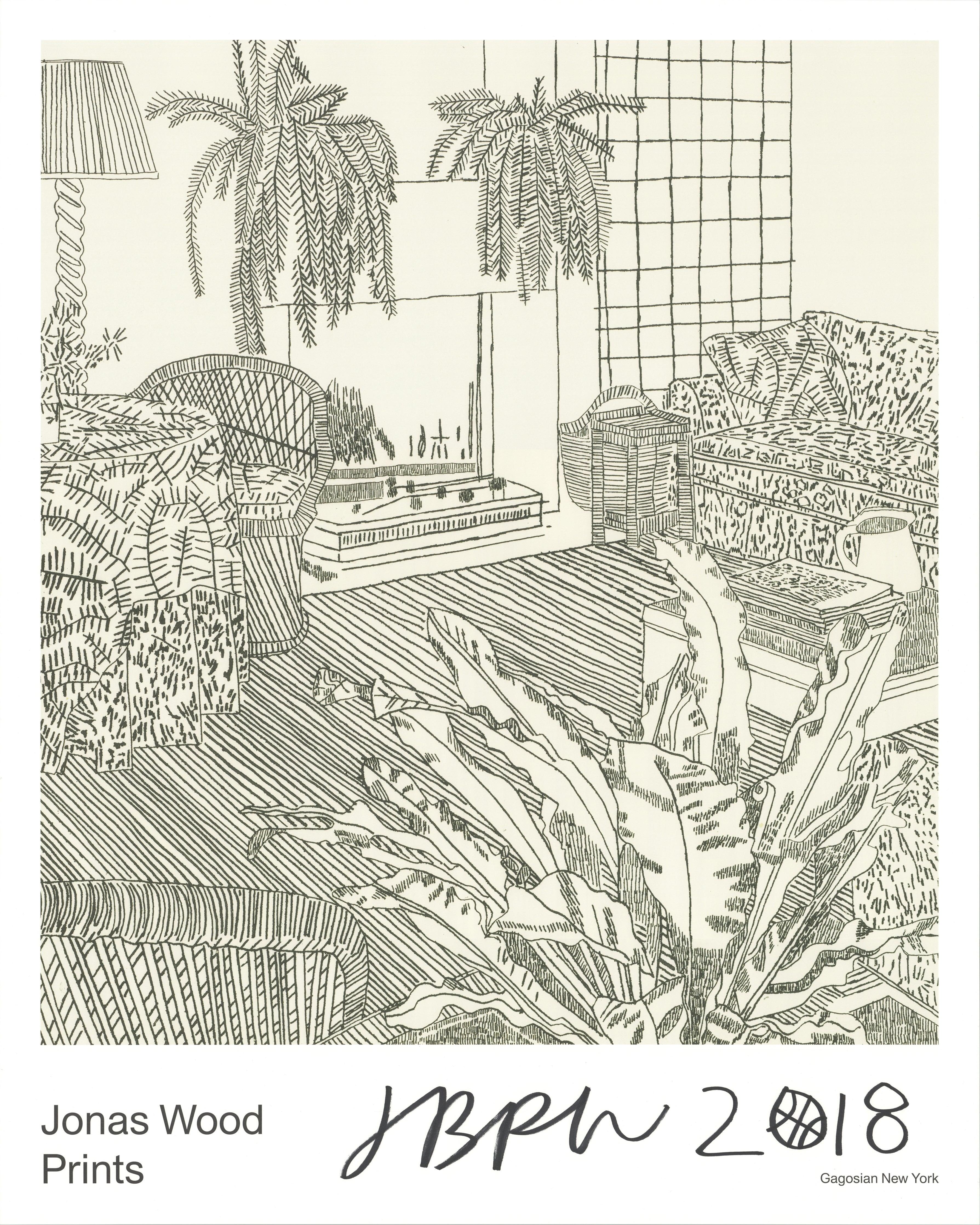This signed Jonas Wood exhibition poster was produced by Gagosian in 2018 for Jonas Wood: Prints at Gagosian, 976 Madison Avenue, New York. The image features a detail from Wood’s eight-part work 8 Etchings from 2014, bringing together the artist’s