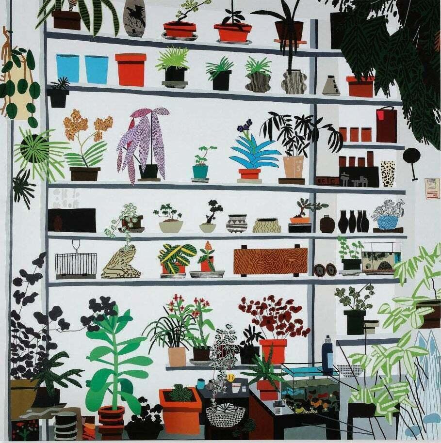 Artist: Jonas Wood
Title: Large Shelf Still Life
Year: 2017
Medium: Poster
Technique: Offset lithograph printed in colours on wove paper, the full sheet printed to the edges
Classification: Limited Edition 
Size: 59.5 × 59.5 cm, 23.5 x 23.5