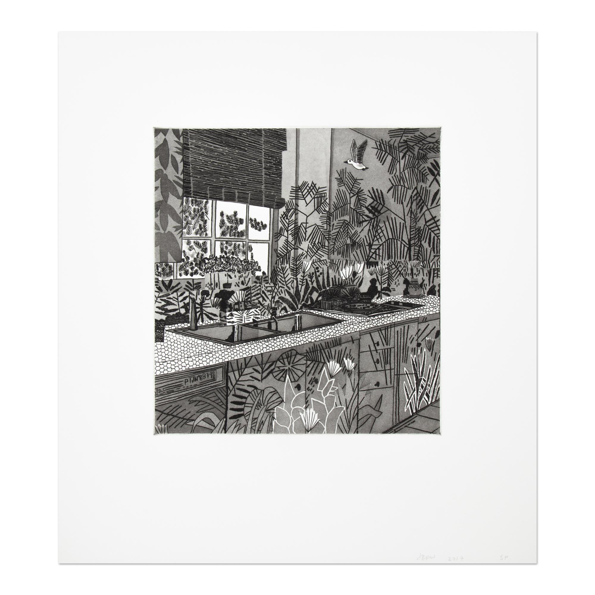 Jonas Wood (American, b. 1977)
Jungle Kitchen, 2017
Medium: Etching and aquatint on Magnani Pescia paper
Dimensions: 42.2 × 38.1 cm (16 3/5 × 15 in)
Edition of 30: Hand signed
Publisher: WKS Editions, Los Angeles
Literature: Jonas Wood Prints,