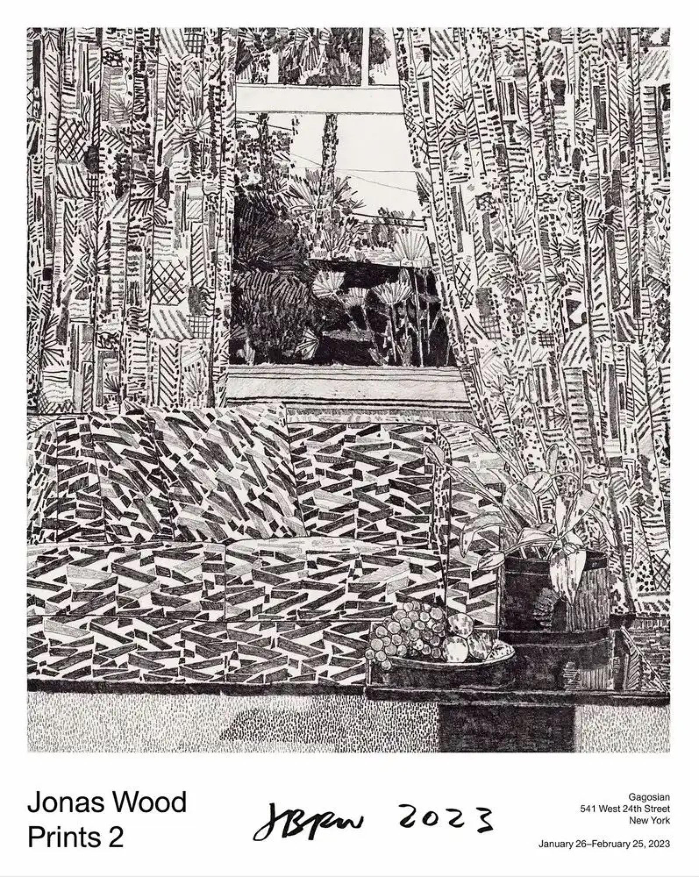 Jonas Wood, Impresión 2 póster, 2023

Cartel litografía offset
Firmado a mano y fechado
60.96 x 76.2 cm (30 × 24 in) 
Edición de aproximadamente 100 ejemplares firmados (sin numerar) 

La imagen reproduce el aguafuerte de fondo blando de Jonas Wood,