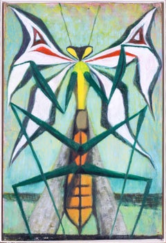 1950s British surrealist painting of a preying mantis by Jonathan Adams