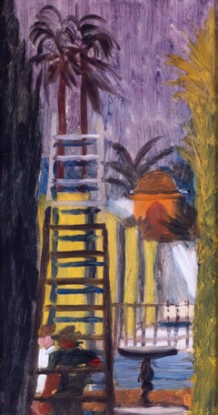 20th Century oil painting of figures by a fountain by actor Jonathan Ada s