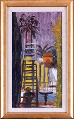 Peinture à l'huile du 20e siècle représentant des personnages par une fontaine par l'acteur Jonathan Ada s