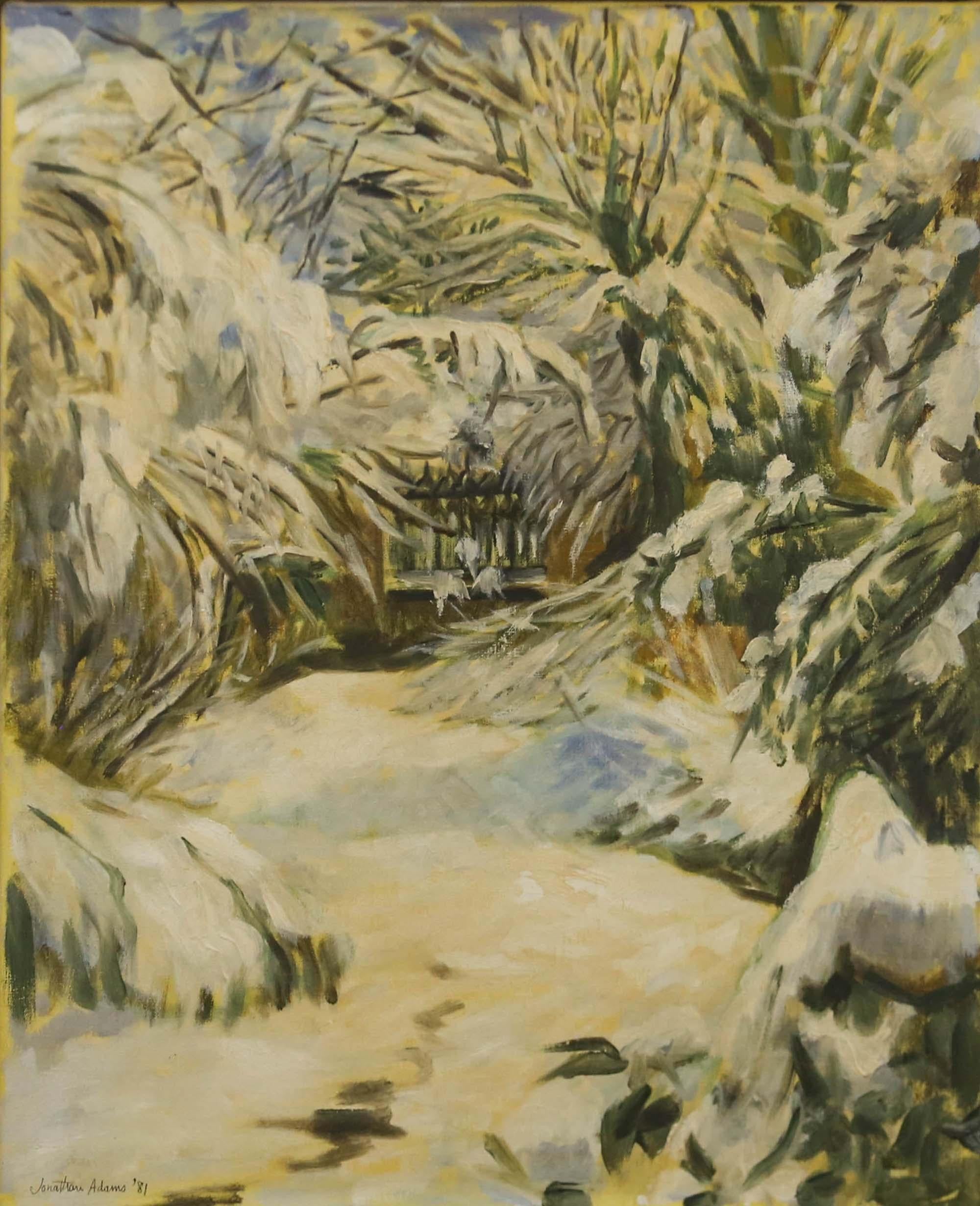A fine 20th Century snowy scene in oil, showing the trees and undergrowth on the edges of a park, covered in thick, freshly fallen snow. The black metal railings and stone wall of the park boundaries can be seen through the snowy vignette. The