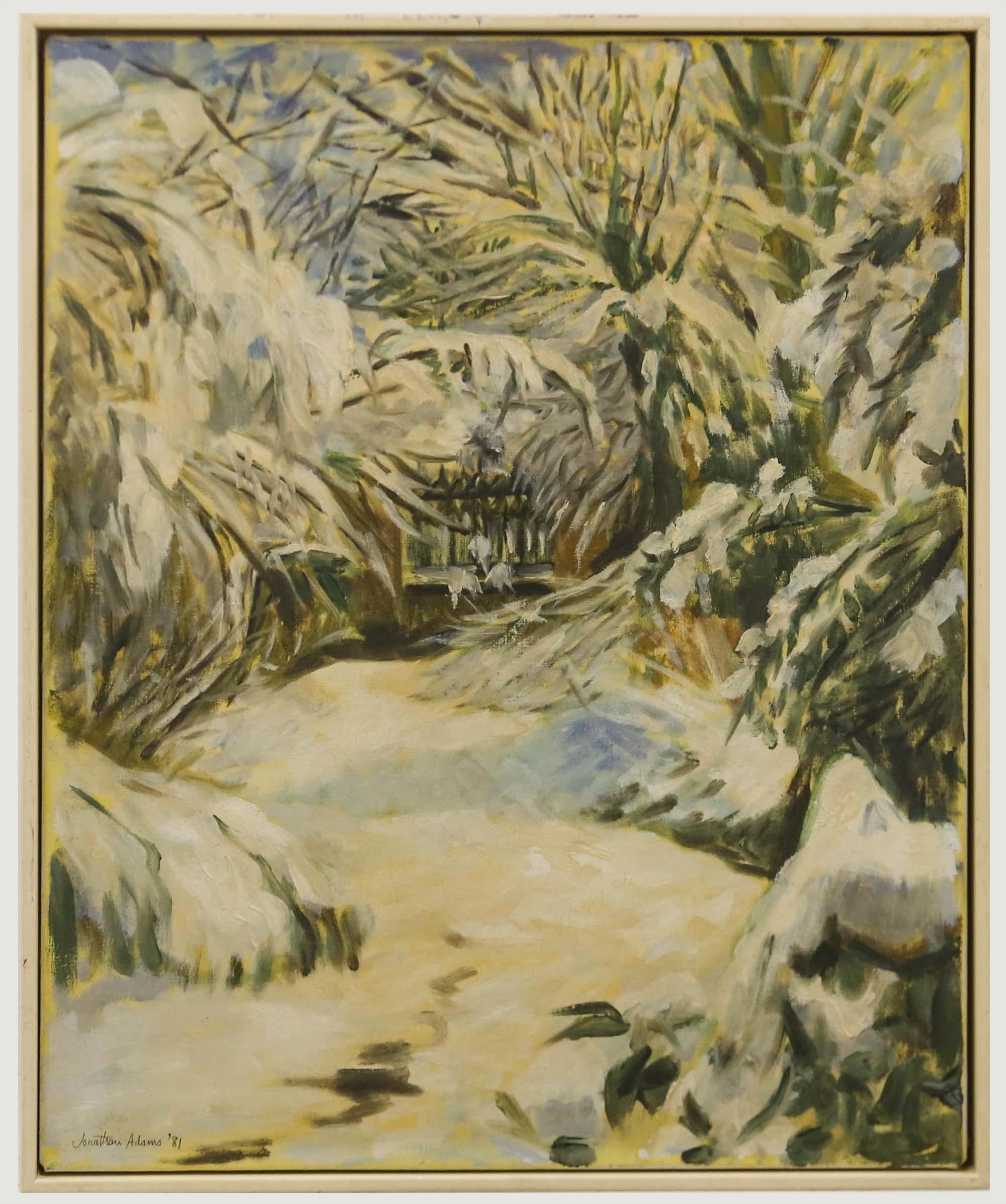 Eine schöne verschneite Szene in Öl aus dem 20. Jahrhundert, die die Bäume und das Gestrüpp am Rande eines Parks zeigt, die mit dichtem, frisch gefallenem Schnee bedeckt sind. Das schwarze Metallgeländer und die Steinmauer der Parkgrenze sind durch
