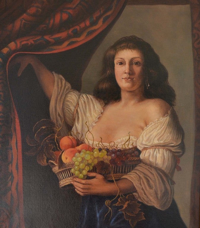 Femme avec panier et fruits (Couwenburgh). Copie contemporaine - Painting de Jonathan Adams