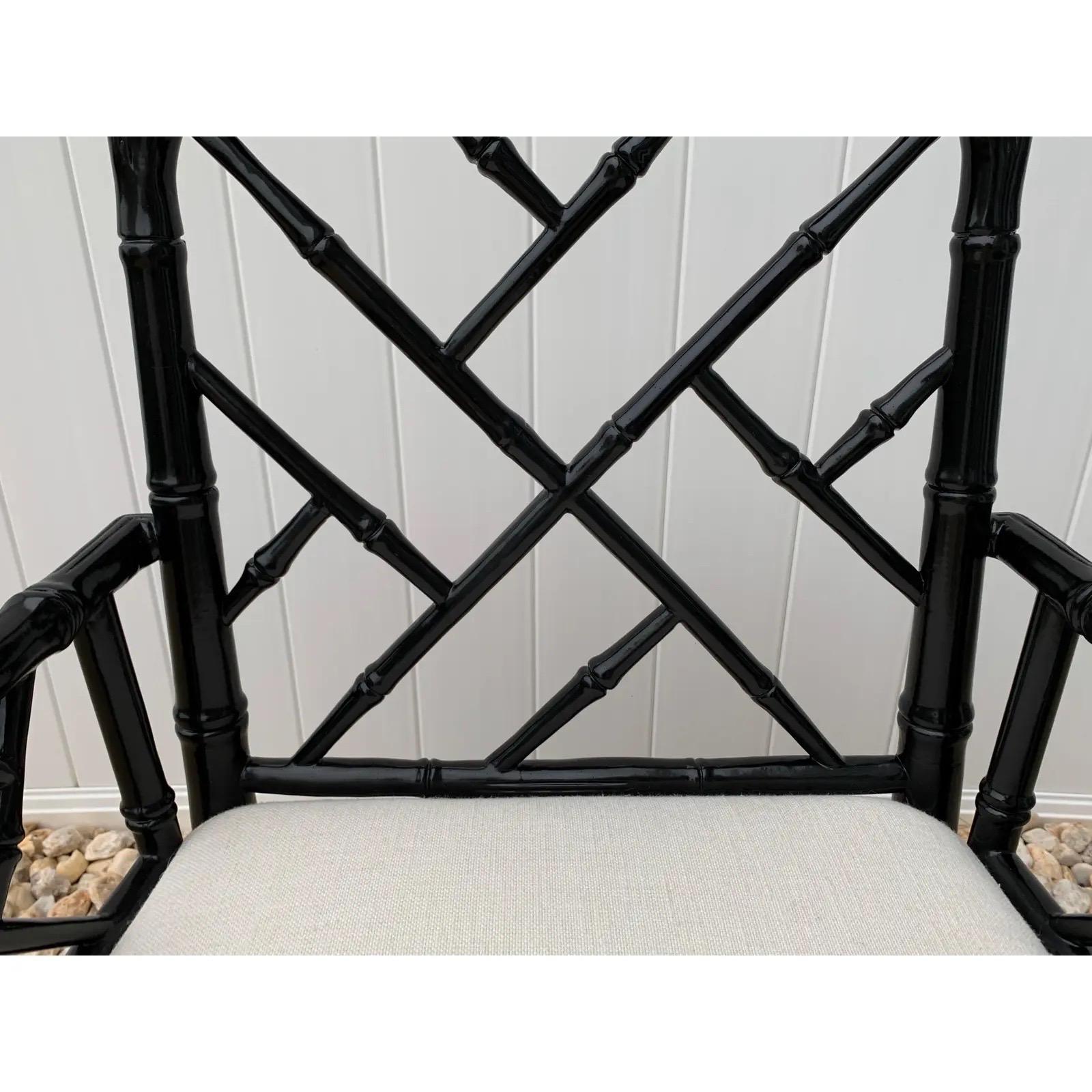 Chinoiserie Jonathan Adler Black Lacquered Faux Bamboo Chippendale Chairs, Pair For Sale