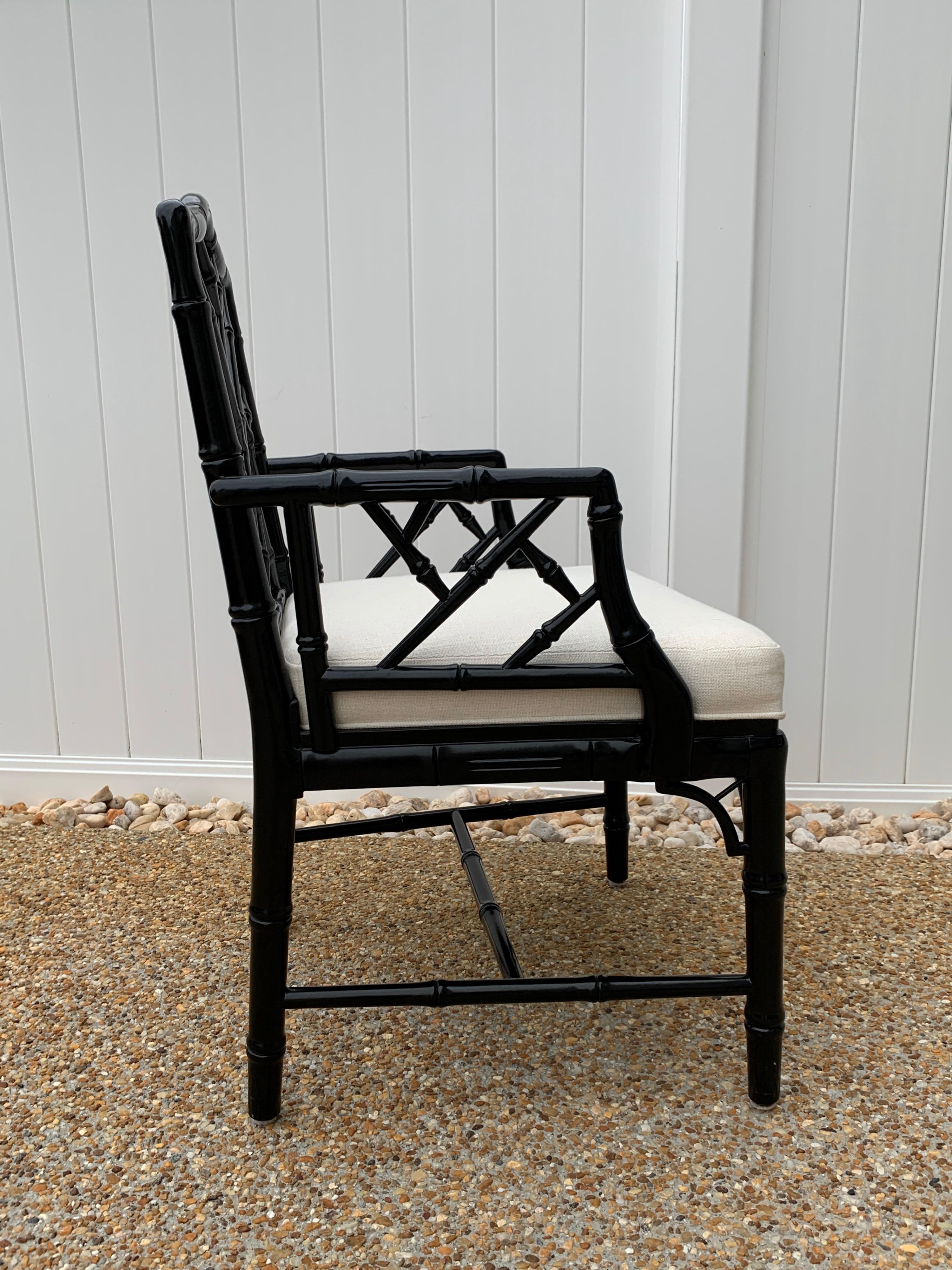 Chinoiserie Jonathan Adler Black Lacquered Faux Bamboo Chippendale Chairs, Pair For Sale