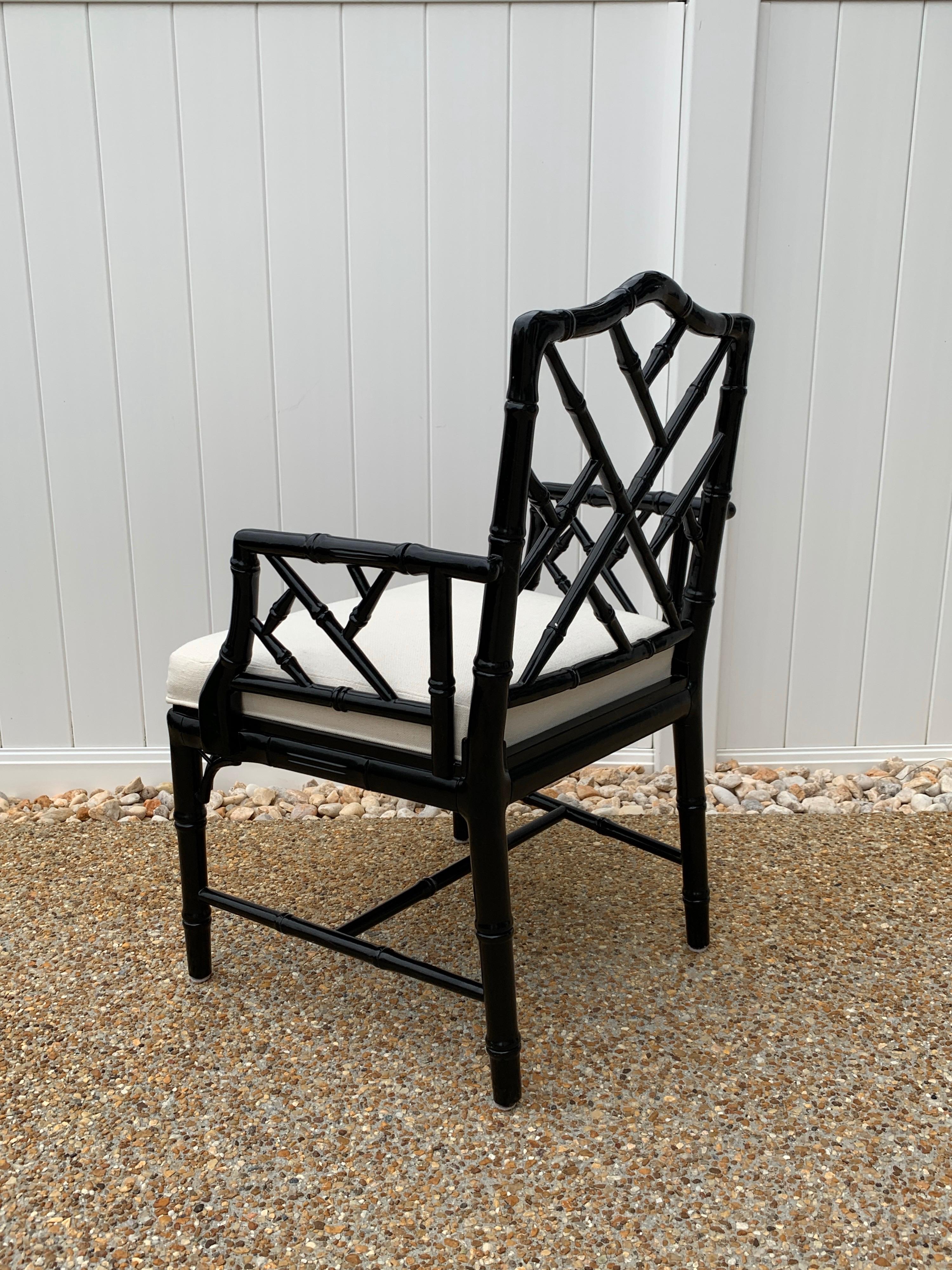 Linen Jonathan Adler Black Lacquered Faux Bamboo Chippendale Chairs, Pair