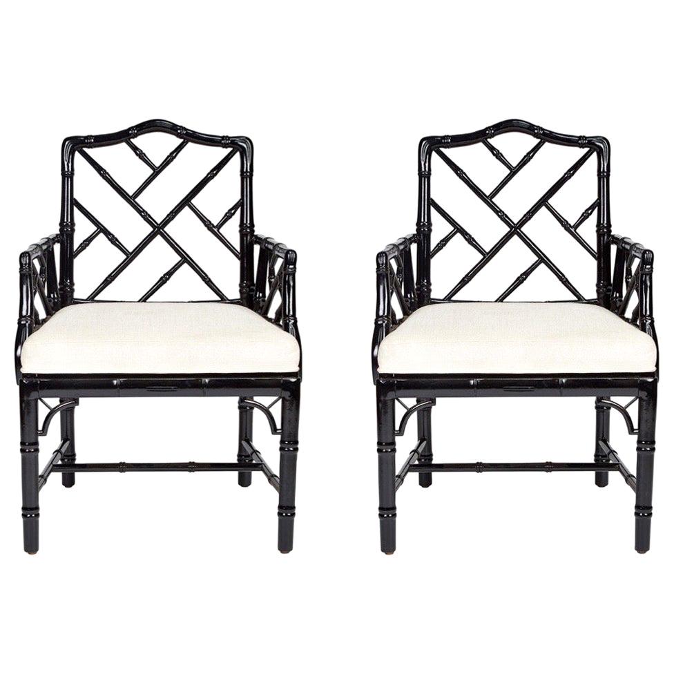 Jonathan Adler Black Lacquered Faux Bamboo Chippendale Chairs, Pair For Sale