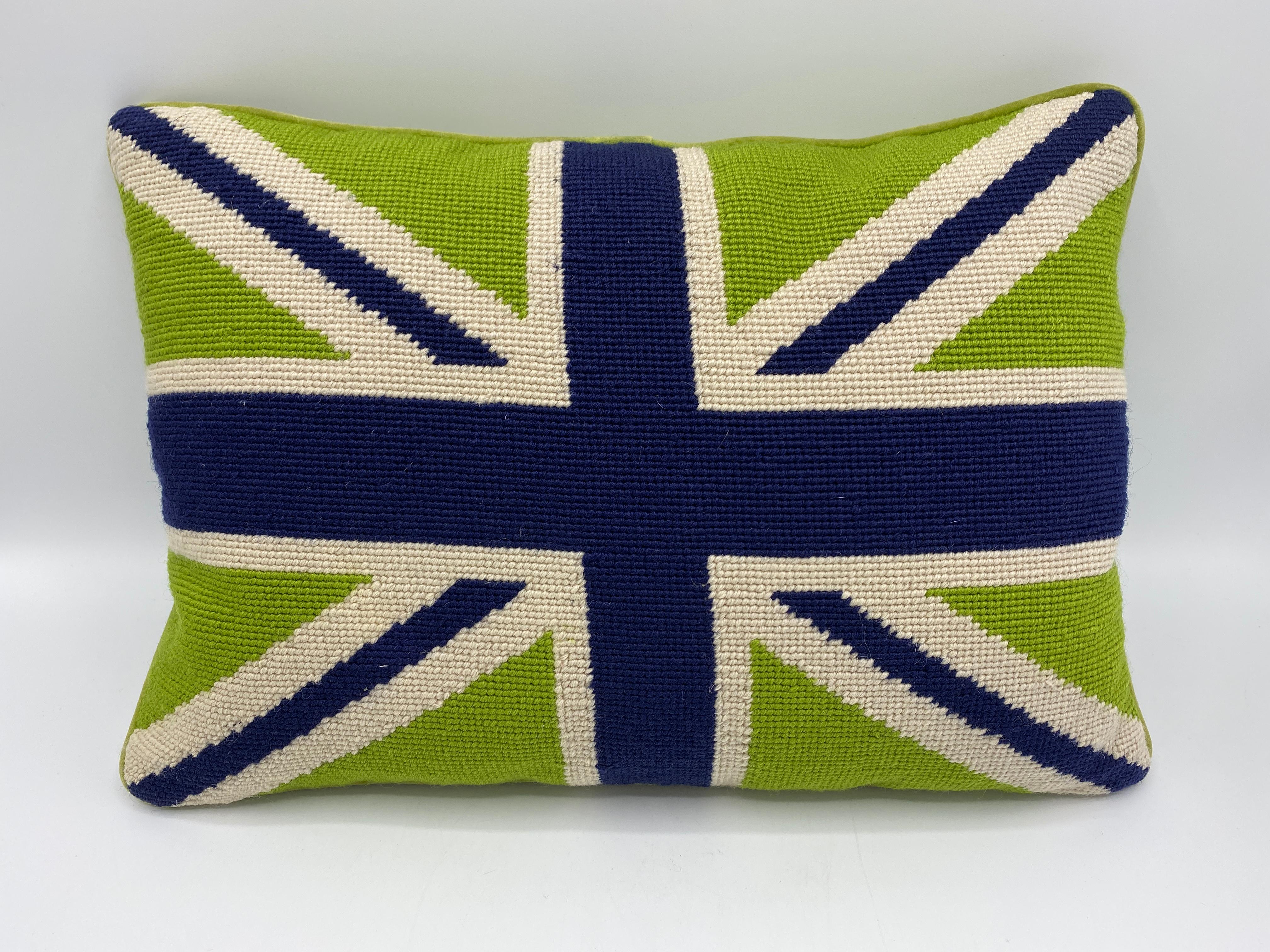 Listed is a fabulous, blue, green, and white union jack flag needlepoint pillow by Jonathan Adler, circa early 2000s. This is a signature, JA piece - perfect for any collector! Marked on backside with an embroidered 