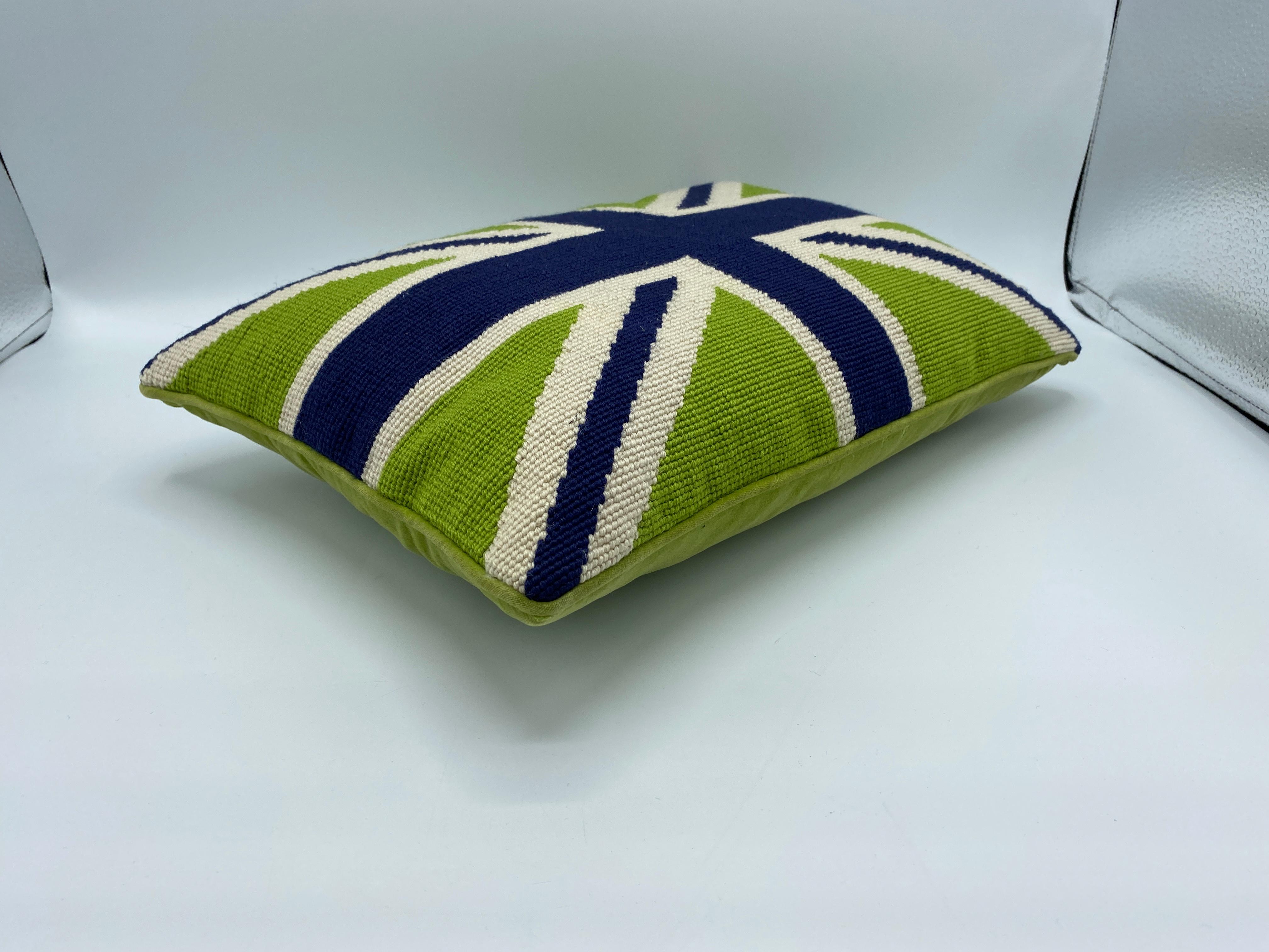 Modern Jonathan Adler Blue, Green, and White Union Jack Needlepoint Pillow