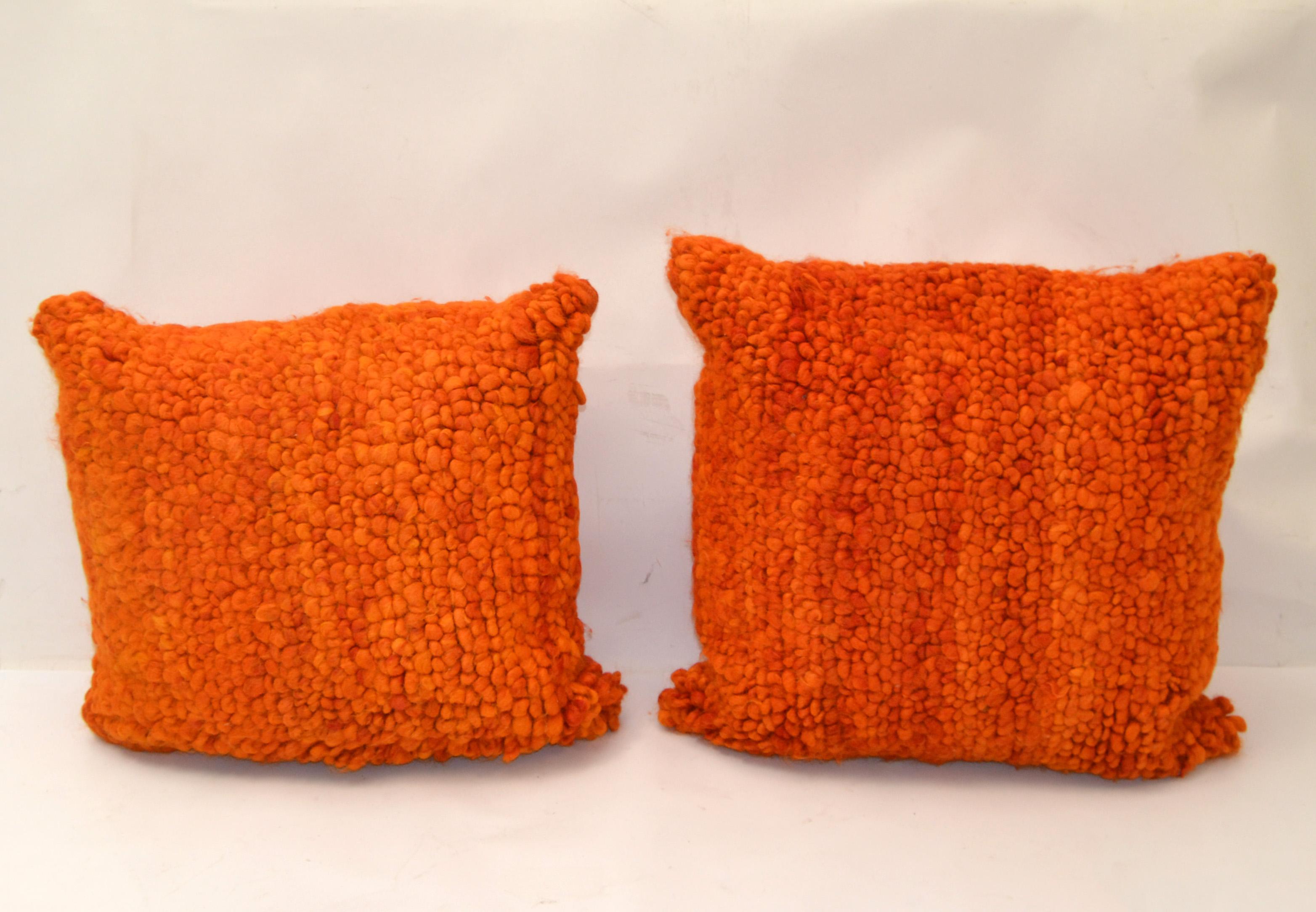 Set of 2 'My Primaloft Pillow' in Orange Cotton by Jonathan Adler made for Bloomingdale's.
Complete pillows, filled with flair down & closure is the classic invisible zipper. 
Both pillows come in the original Plastic cover and are marked inside