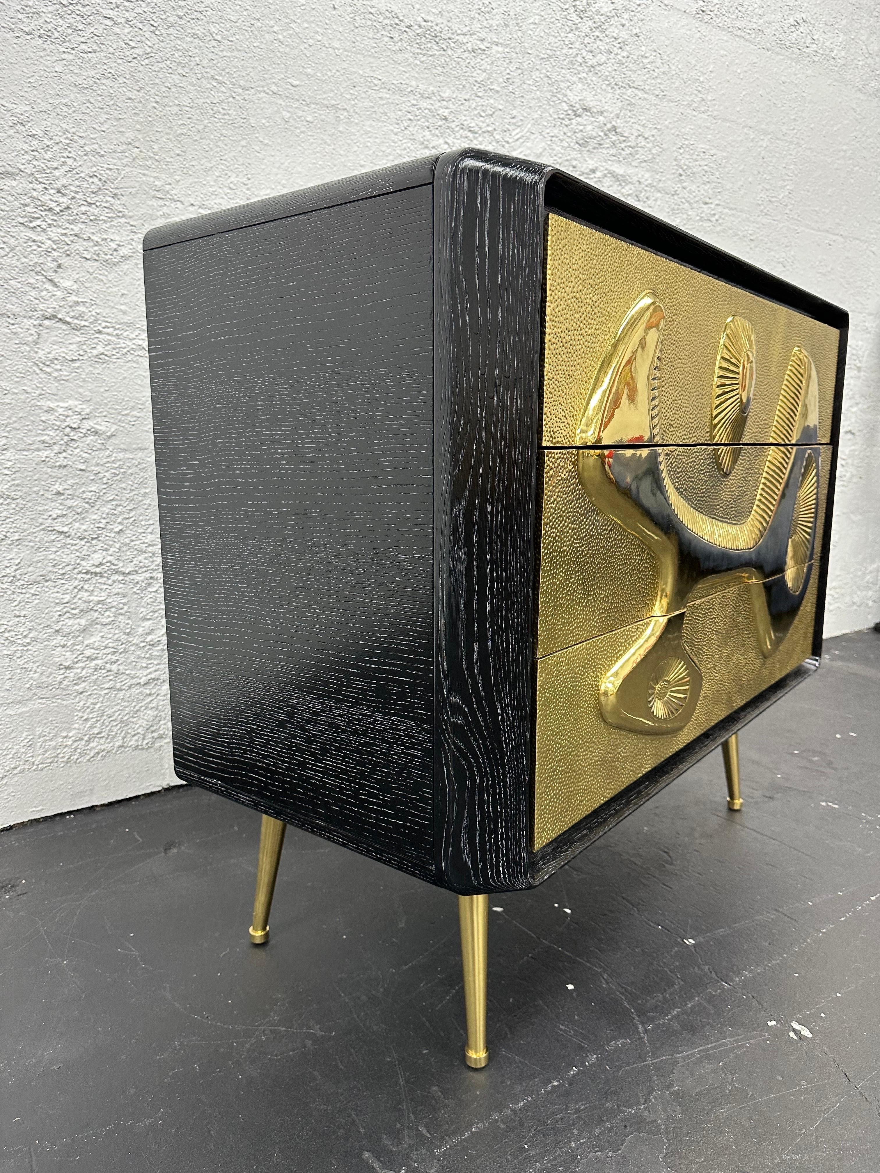 American Jonathan Adler ‘Reform’ Chest Three Drawer Dresser in Brass and Ebonized Wood