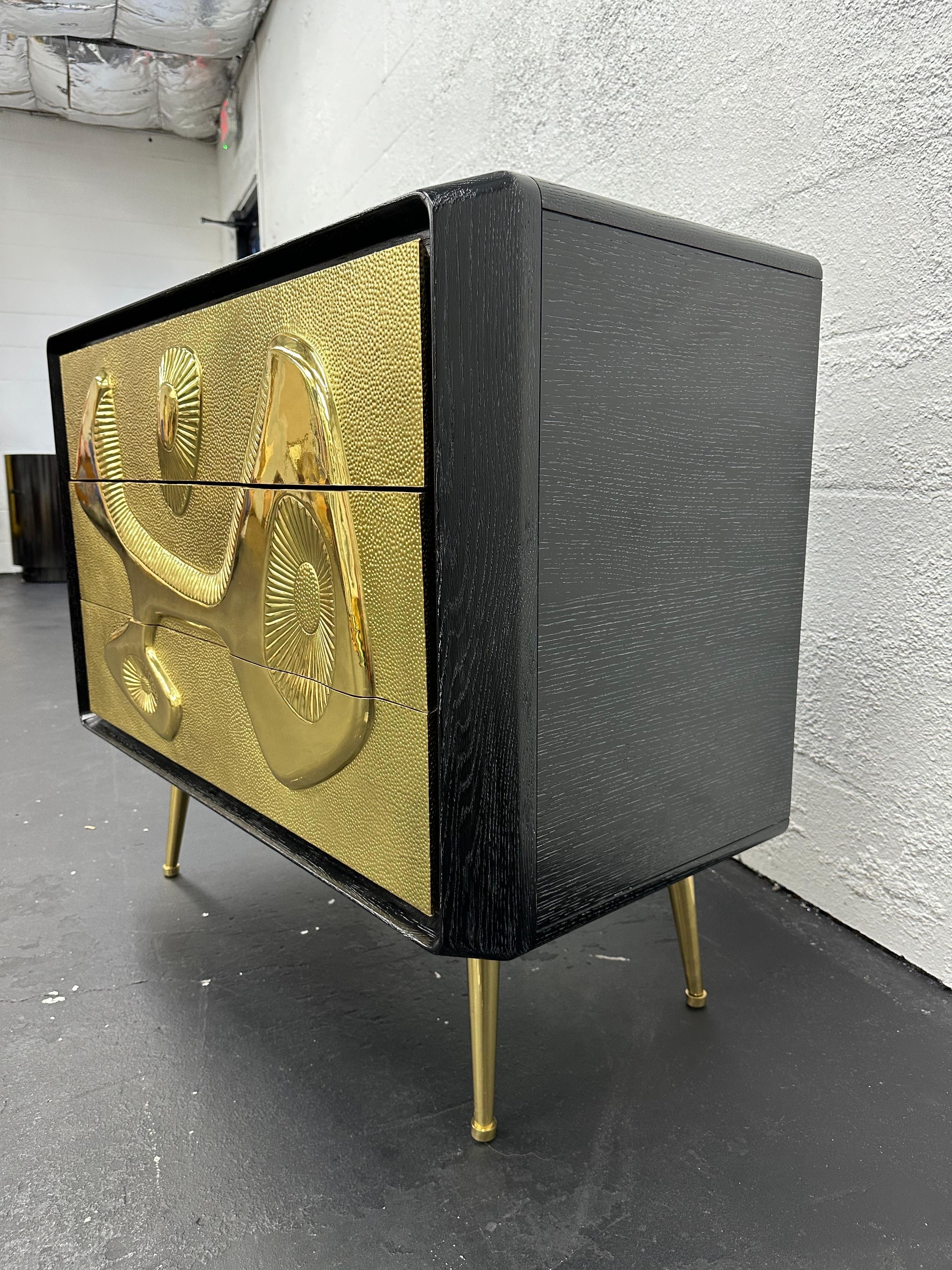 Jonathan Adler ‘Reform’ Chest Three Drawer Dresser in Brass and Ebonized Wood In Good Condition In Lutz, FL