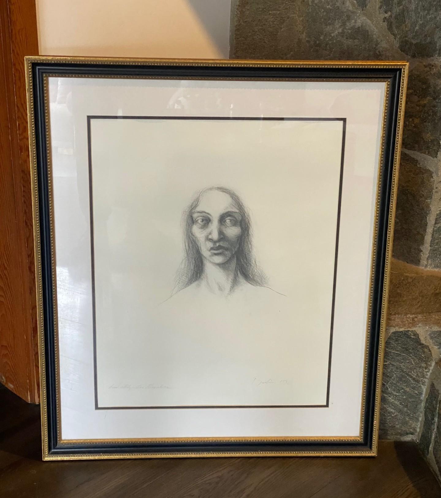 Eine ziemlich seltsam verlockende und ein wenig beunruhigend einnehmende Original-Graphitzeichnung auf Pergament des amerikanisch-mexikanischen Künstlers Jonathan Barbieri mit dem Titel 