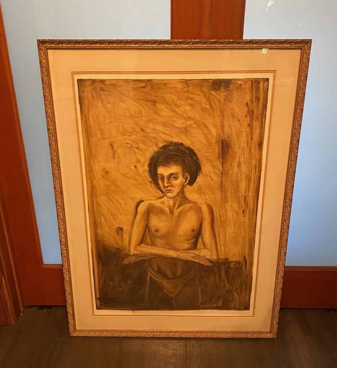 A quite oddly alluring and strikingly engaging original surrealist painting by American/Mexican artist Jonathan Barbieri.  The work of a young man in a strange pose staring intensely back at the viewer appears to be an early incarnation of his