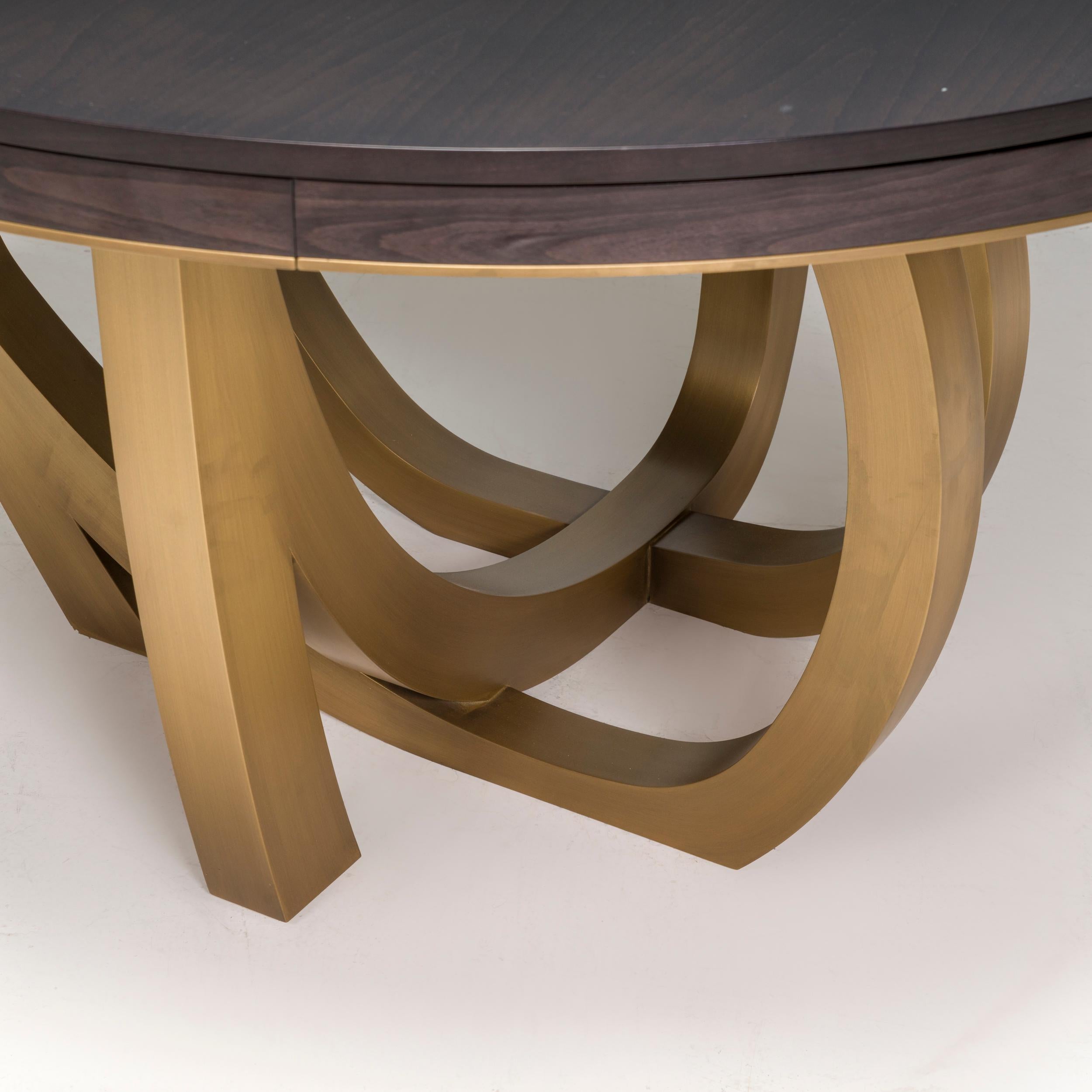 American Jonathan Baring Quilted Maple And Brass Round Extending Dining Table For Sale