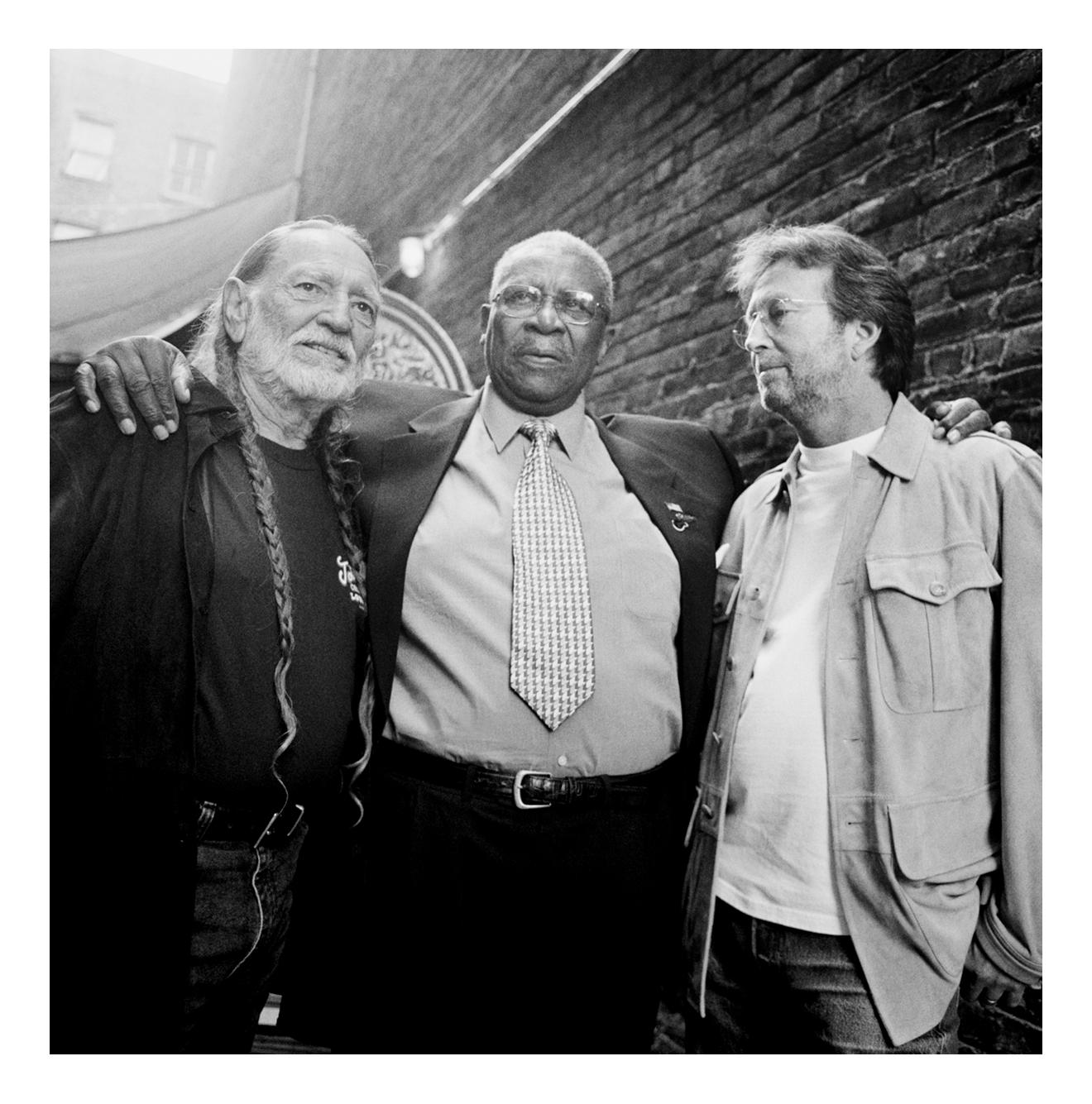 Jonathan Becker Black and White Photograph - Willie Nelson, B.B. King and Eric Clapton at the Apollo Theatre, Harlem, 2003