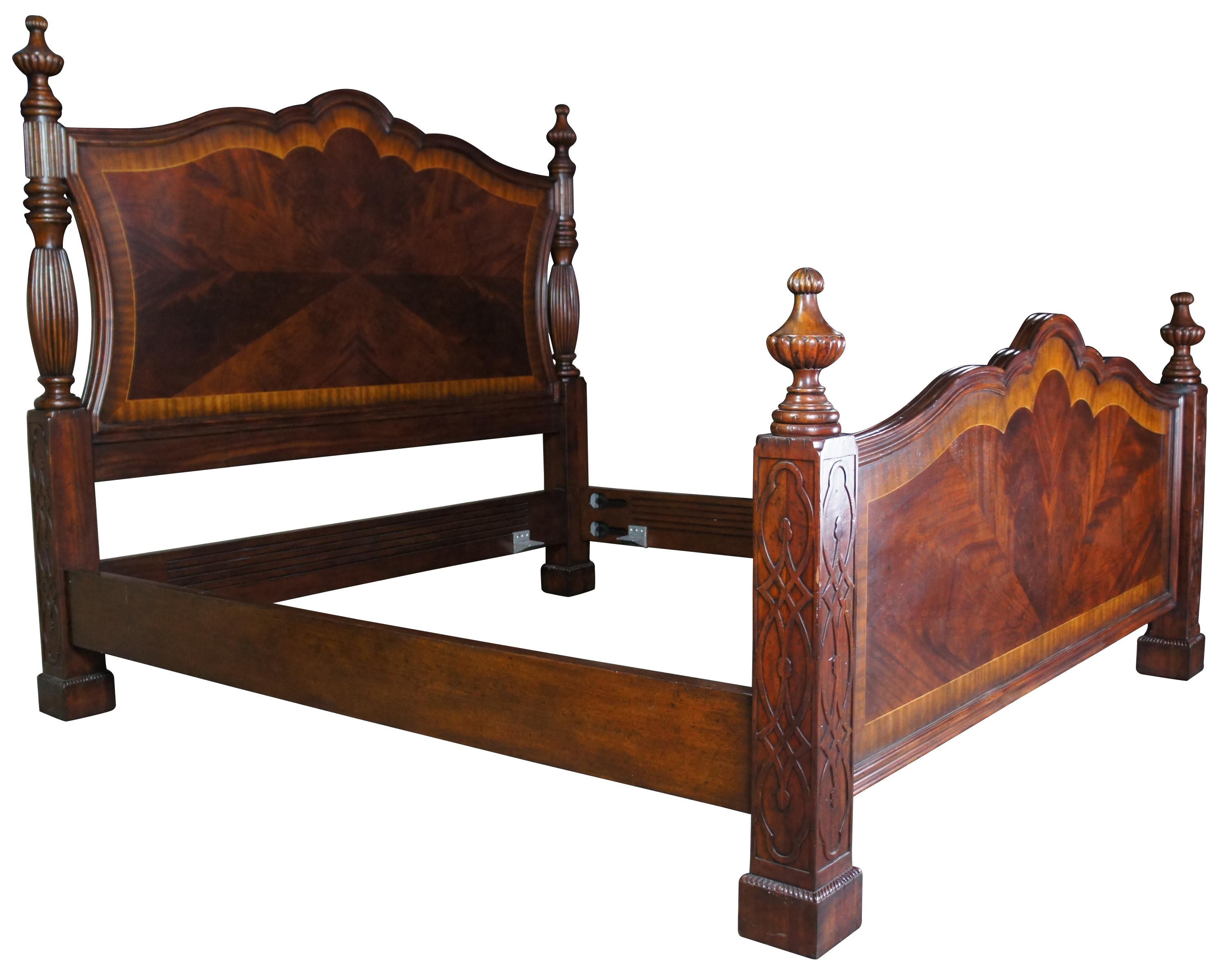 Jonathan Charles Buckingham Collection Traditional US King. Chippendale style four poster bed with the finest mahogany flame veneers and satinwood cross banding on the head and footboard, low turned and fluted posts on square carved fretwork legs.