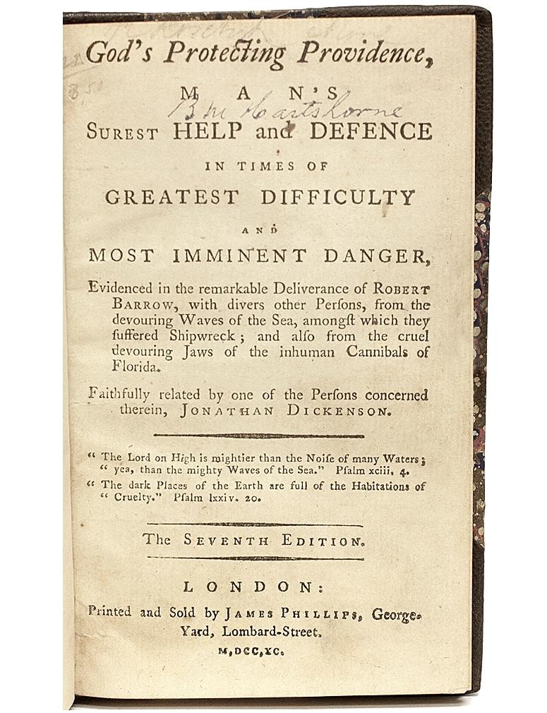 Jonathan Dickenson, God's Protecting Providence, Cannibals of Florida, 1790 In Good Condition For Sale In Hillsborough, NJ