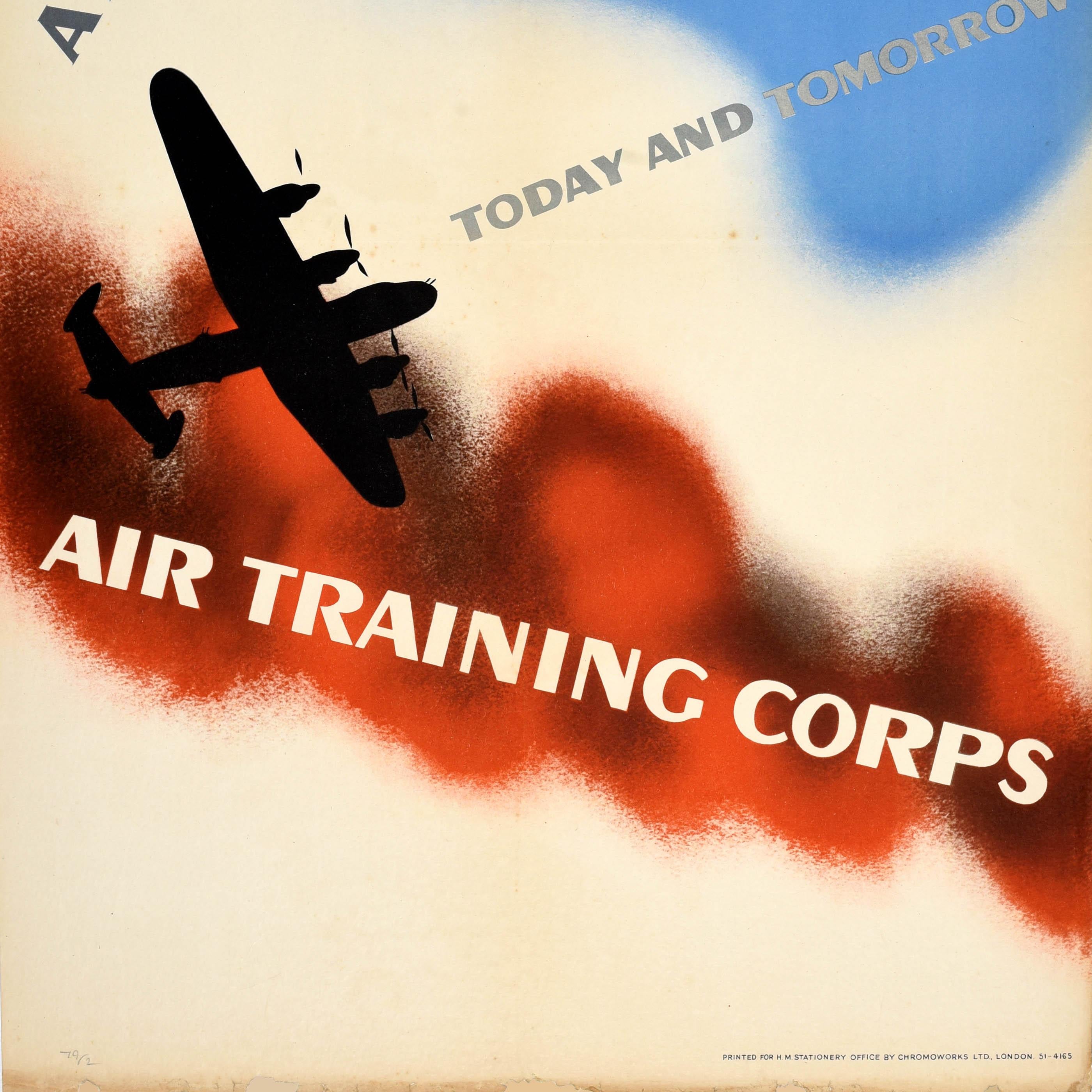 Original vintage RAF Royal Air Force recruitment poster for the Air Training Corps - Air Training Today and Tomorrow - featuring artwork by Jonathan Foss (1910-1974) depicting a silhouette of a World War Two bomber plane on a red background and a