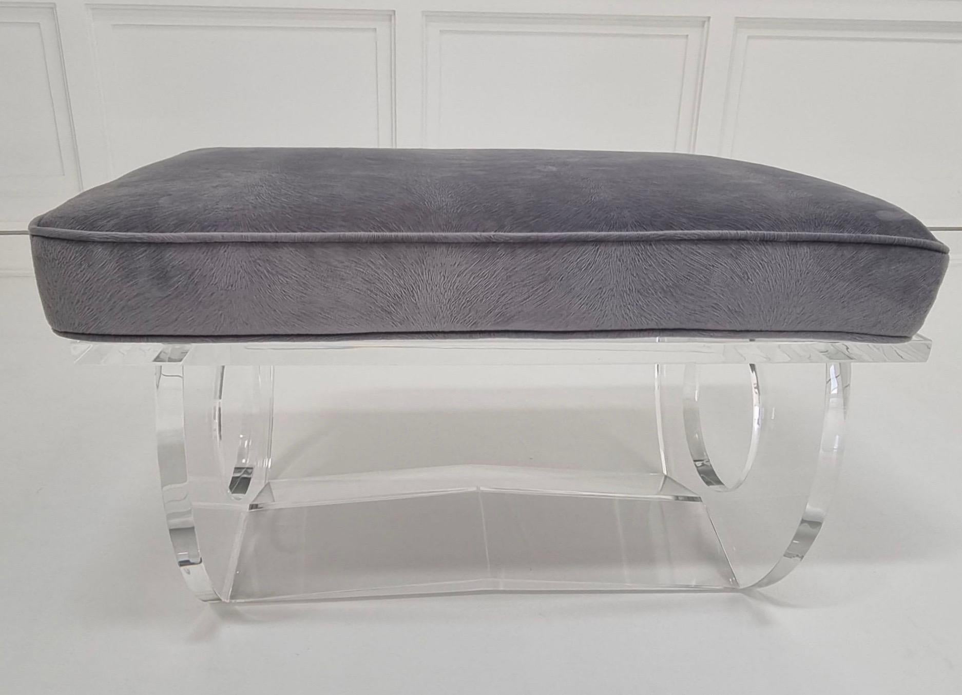 Aubury Acrylic Bench by Jonathan Franc - the rectangular 4 inch cushion over a acrylic seat supported by two shaped legs connected by a raising stretcher. Fabric 2 yards, COM
