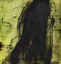 Pittura astratta contemporanea in nero e giallo acido, tecnica mista testurizzata