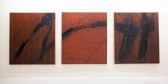 Contemporary Abstract Triptych Painting Black and Terracotta Gestural Expression