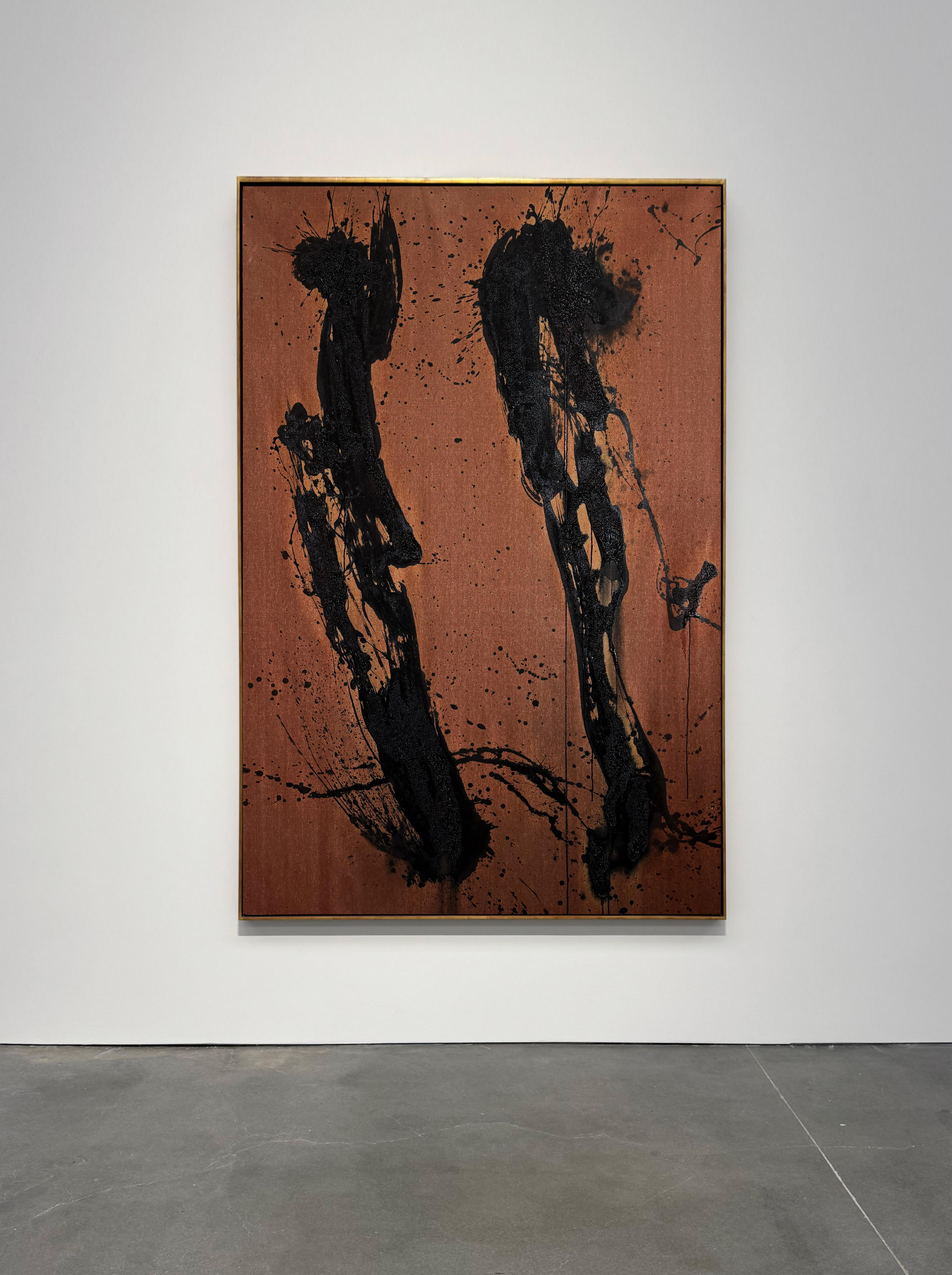 Peinture abstraite à grande échelle en brun terre et noir Textural Contemporary
