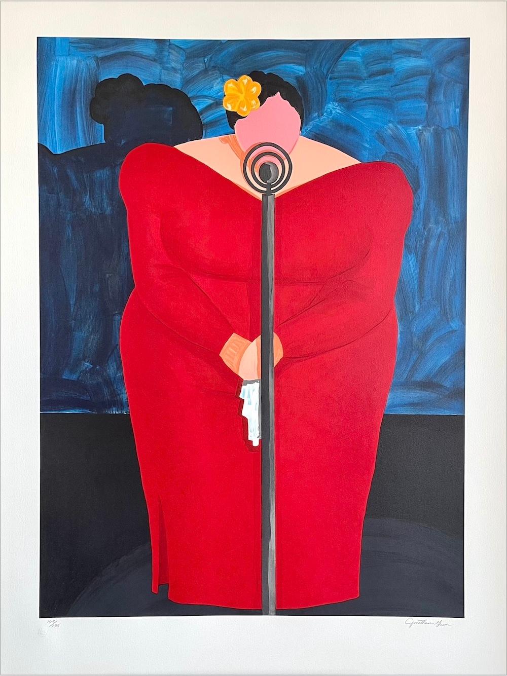 BESSIE MAE Signed Lithograph/Linocut, Plus Size Female Singer in Red Dress  - Print by Jonathan Green