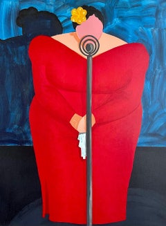 BESSIE MAE Signed Lithograph Linocut Plus Size Female Singer on Stage Red Dress