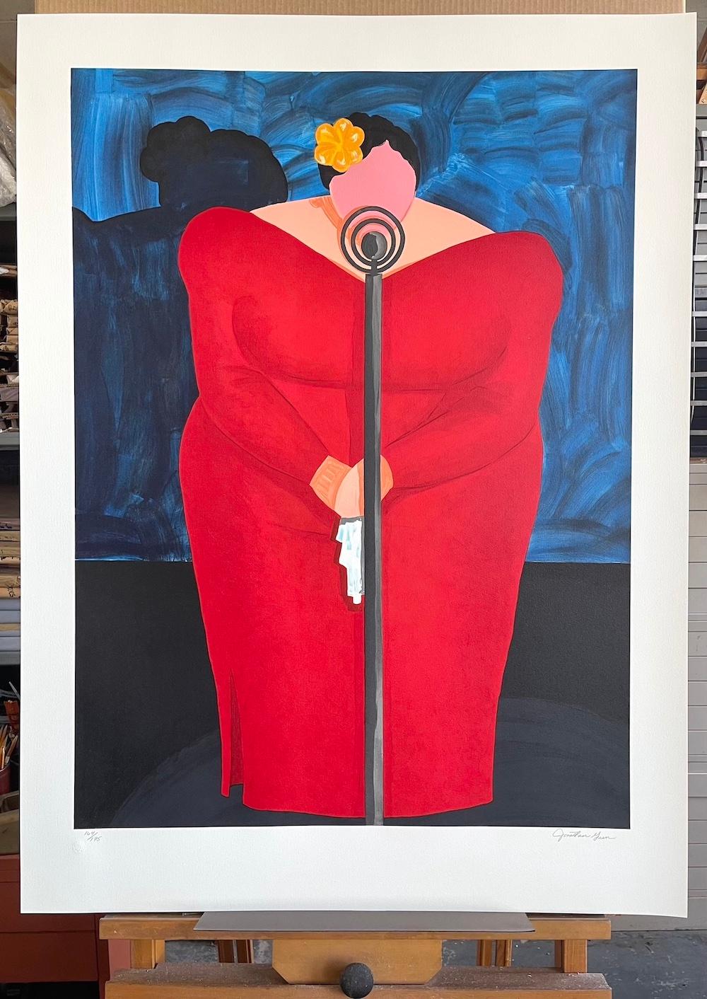 BESSIE MAE Signed Lithograph/Linocut, Plus Size Female Singer in Red Dress  - Contemporary Print by Jonathan Green