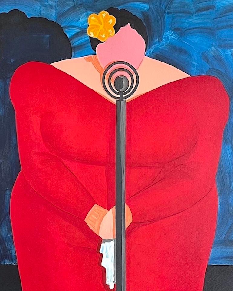 BESSIE MAE Litografía Linograbada Firmada Cantante Femenina en el Escenario Vestido Rojo - Print Contemporáneo de Jonathan Green