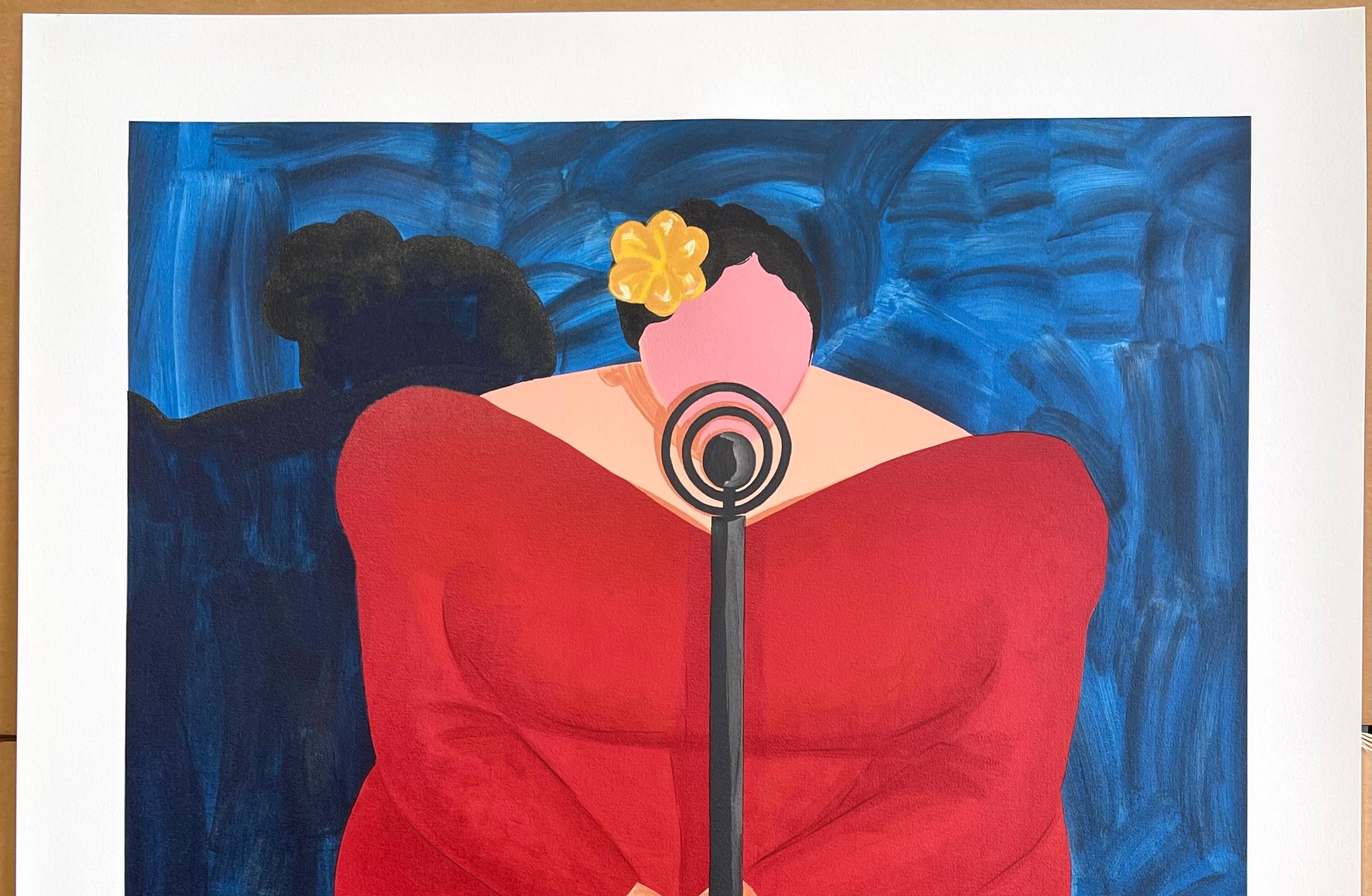 BESSIE MAE Lithographie Linogravure signée, Chanteuse Plus Size sur scène Robe Rouge - Bleu Portrait Print par Jonathan Green