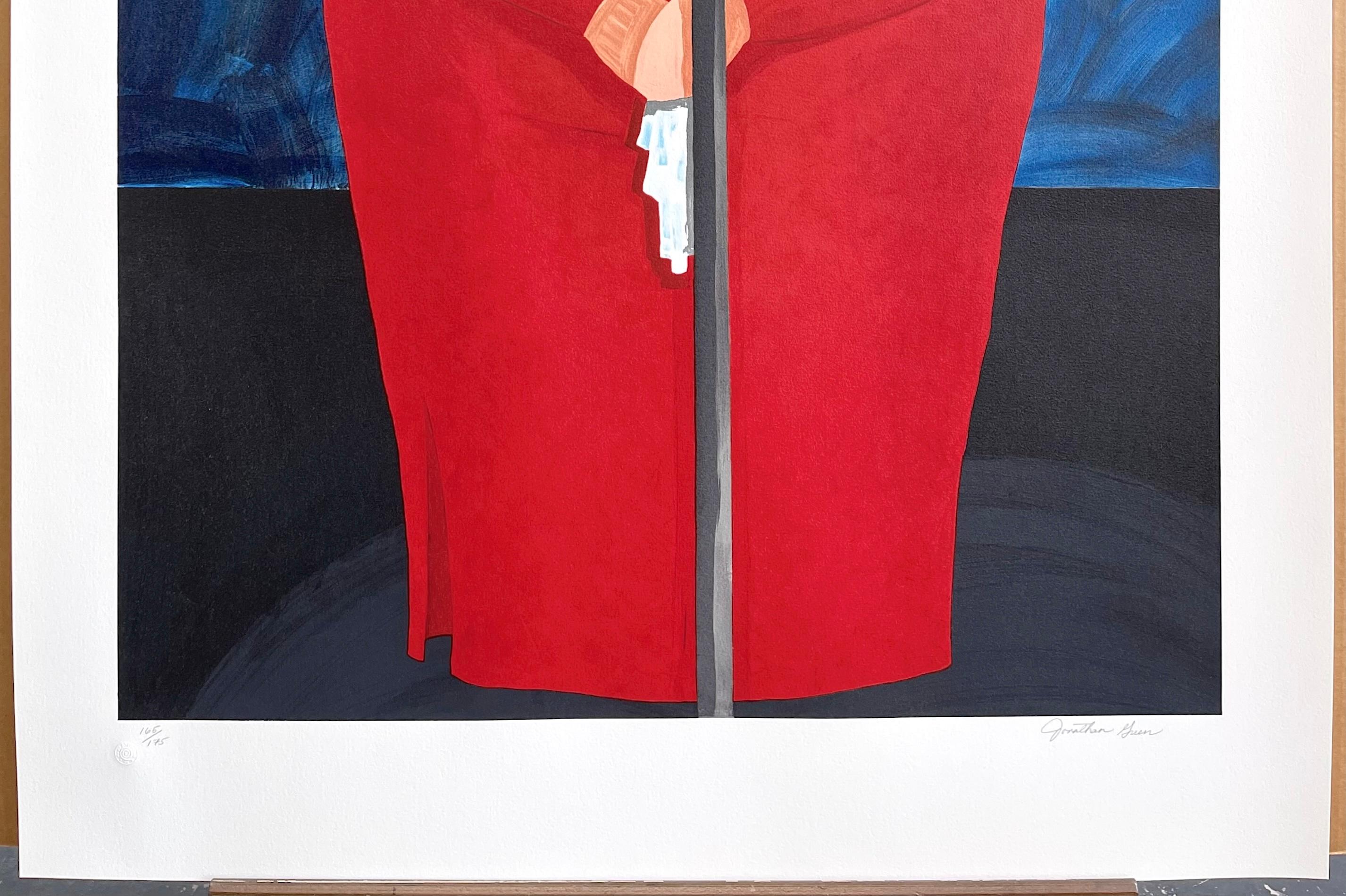 BESSIE MAE est une lithographie/linogravure dessinée à la main et en édition limitée de l'artiste afro-américain JONATHAN GREEN, imprimée en 10 couleurs à l'aide de techniques de lithographie manuelle et découpée au linoléum sur du papier Somerset