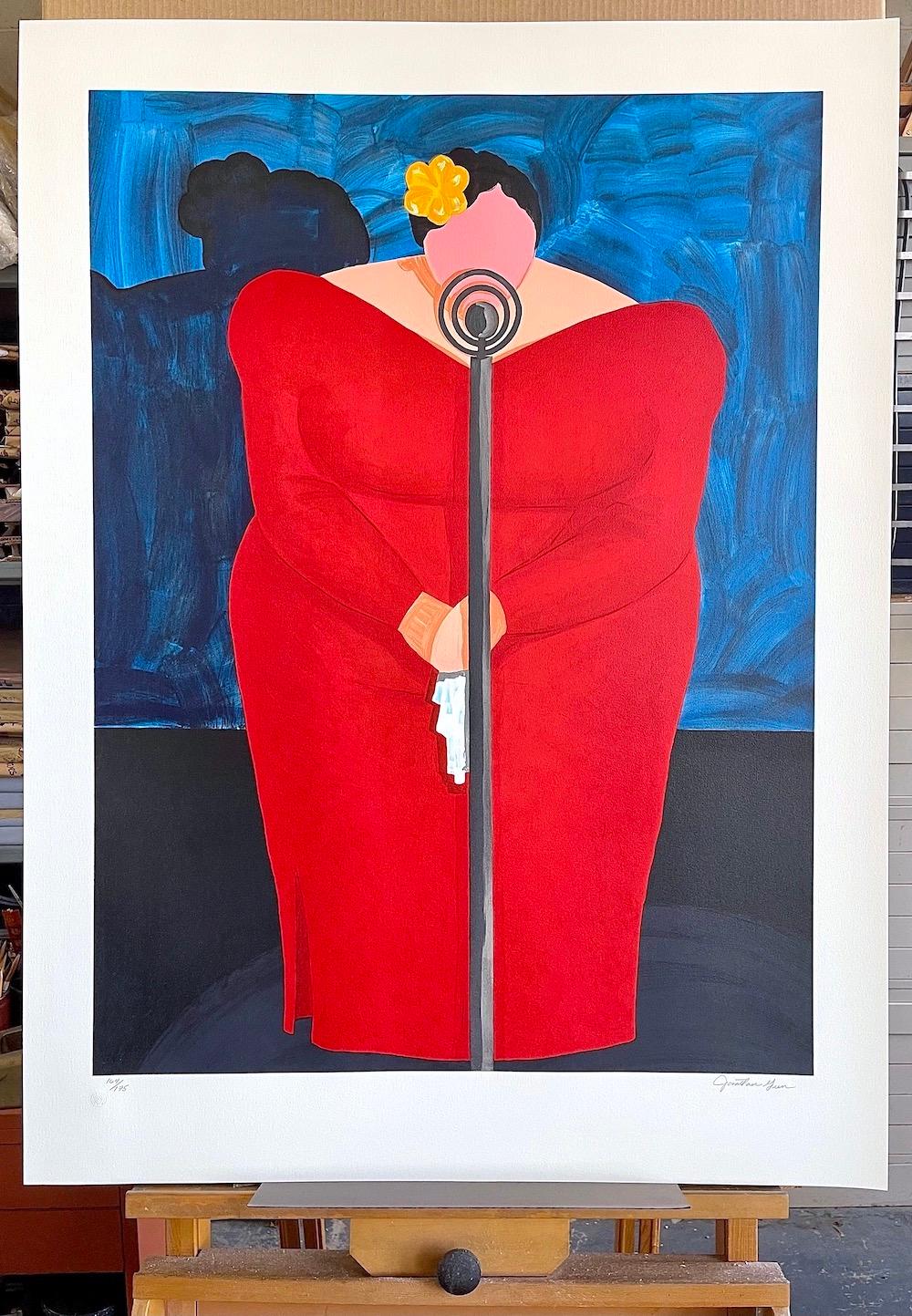 BESSIE MAE Litografía Linograbada Firmada Cantante Femenina en el Escenario Vestido Rojo en venta 3