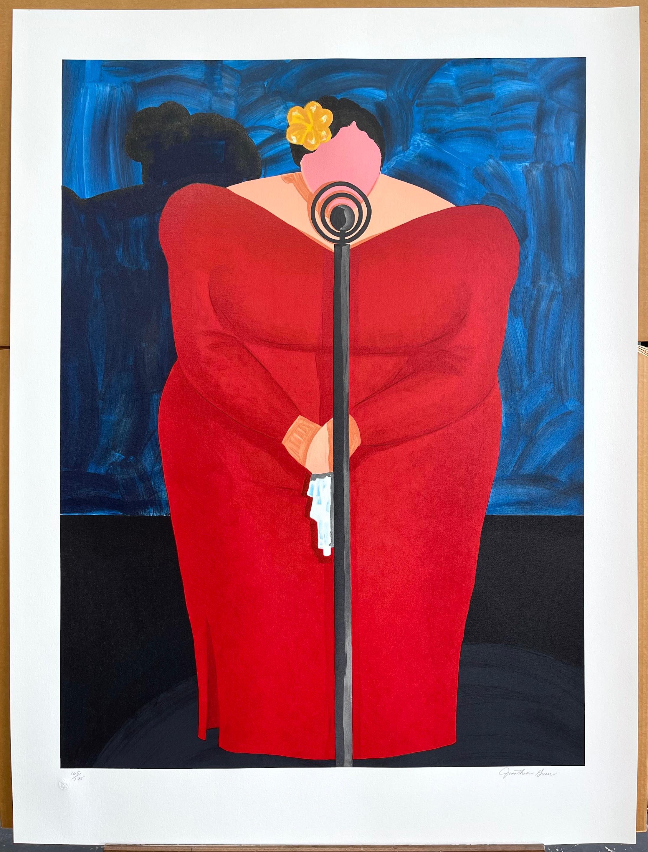 BESSIE MAE Lithographie Linogravure signée, Chanteuse Plus Size sur scène Robe Rouge en vente 5