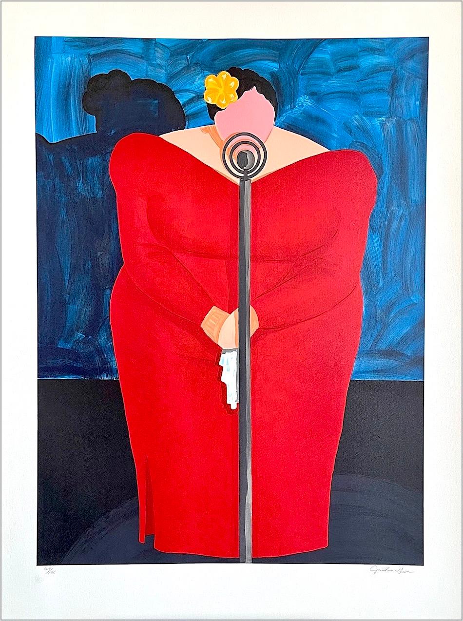 Portrait Print de Jonathan Green - BESSIE MAE Litografía Linograbada Firmada Cantante Femenina en el Escenario Vestido Rojo