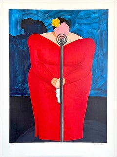 BESSIE MAE, litografia Linocut firmata, cantante donna di taglie forti su un palco con abito rosso