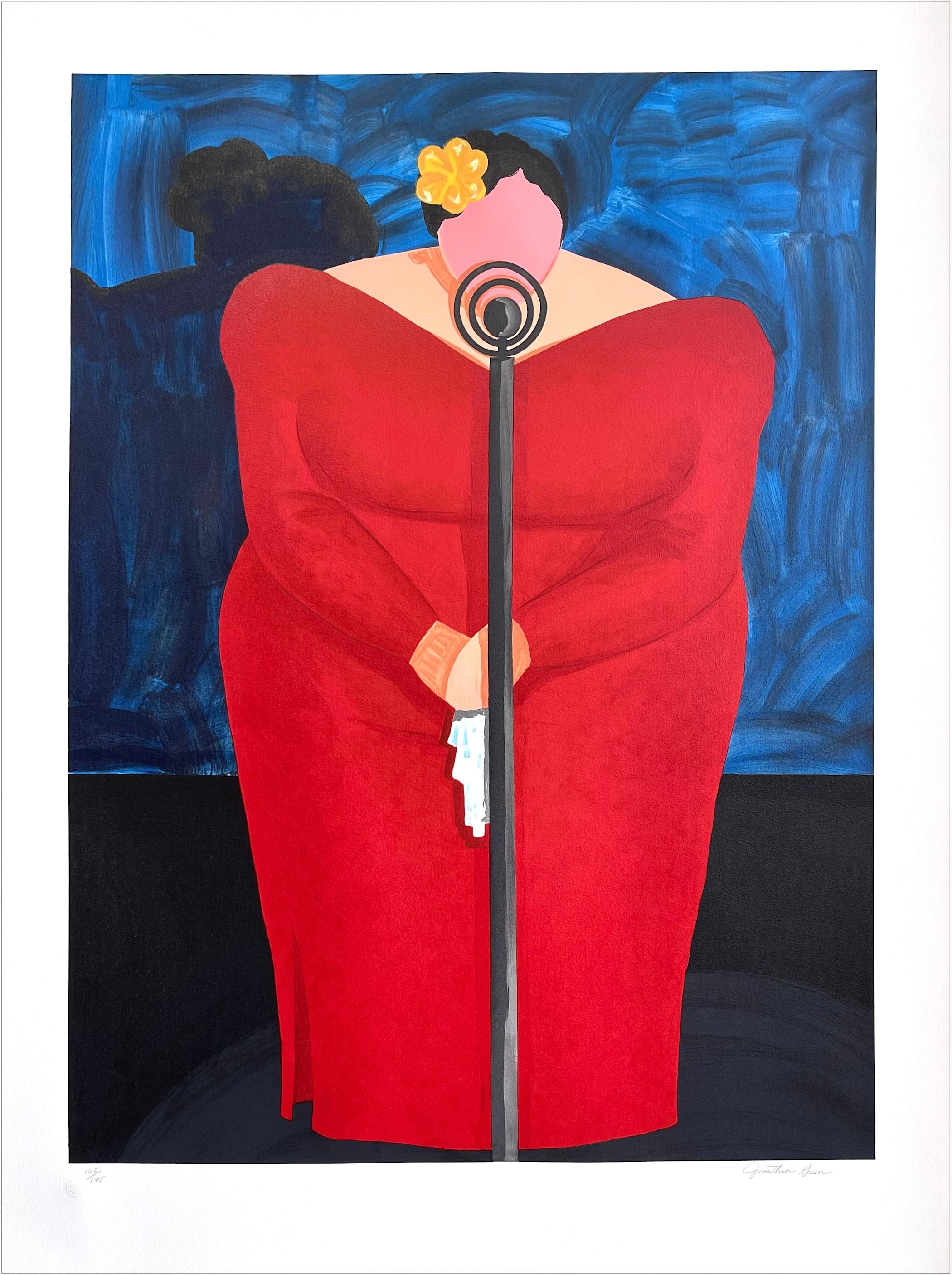 Portrait Print Jonathan Green - BESSIE MAE Lithographie Linogravure signée, Chanteuse Plus Size sur scène Robe Rouge