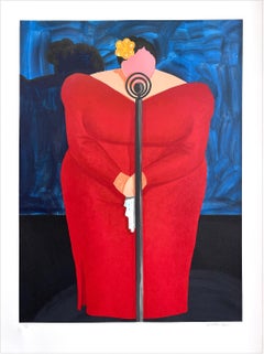 BESSIE MAE Signed Lithograph Linocut, Plus Size Female Singer on Stage Red Dress