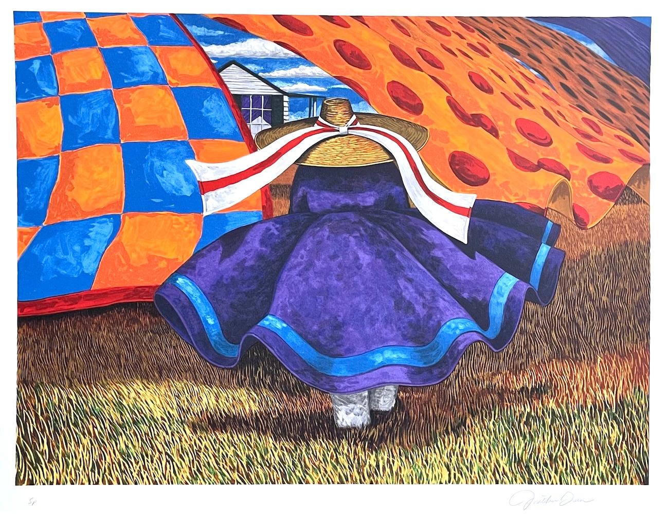 FARM WOMAN Signierte Lithographie, Lowcountry Landscape Gullah Geechee Culture Quilts – Print von Jonathan Green