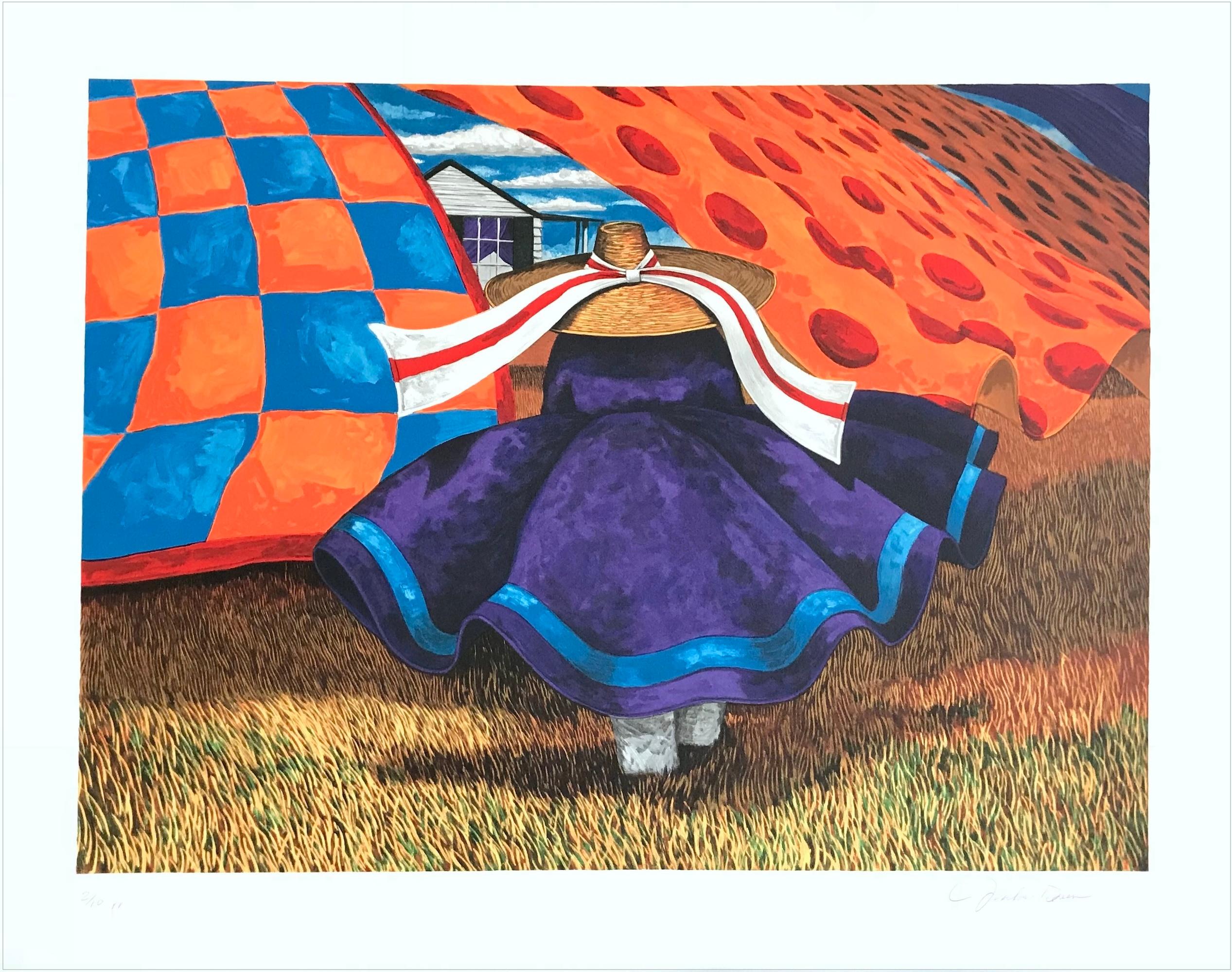 FARM WOMAN Signierte Lithographie, Lowcountry Landscape Gullah Geechee Culture Quilts