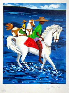 FATHER & SON Signed Lithograph, Horseback Riding Lowcountry SC, Gullah Culture